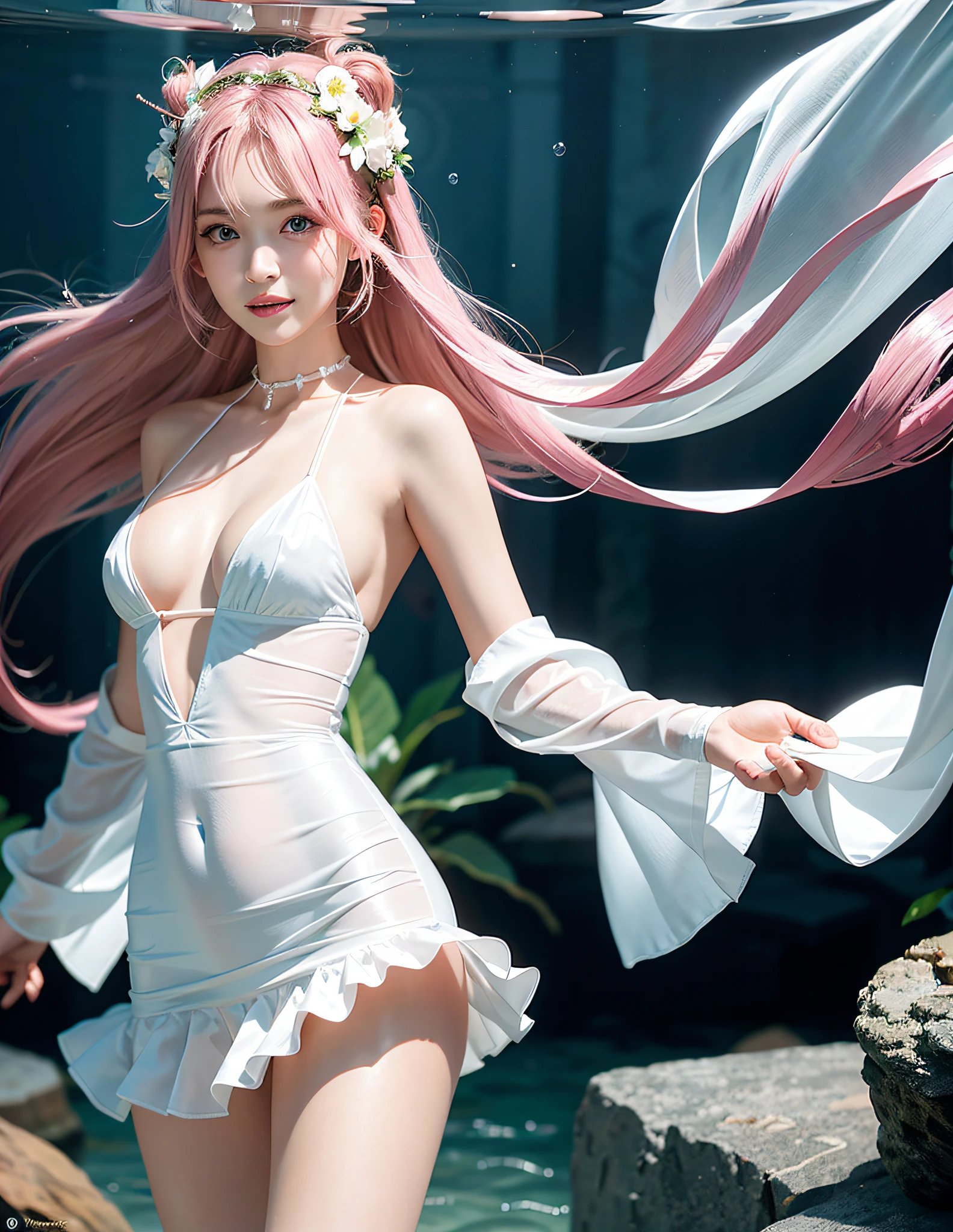 A girl, sea, underwater, underwater, under water, bubbles, wet clothes, wet body, low angle, hair ornaments, translucent kimono dress, white kimono, white kimono, choker, transparent white bikini: 0.8, transparent skirt: 0.7, natural daylight, best quality, masterpiece, illustration, an extremely delicate and beautiful, extremely detailed wallpaper, CG Unity wallpaper, extremely detailed, CG Unity, unit, 8k, incredible, with fine details, masterpiece, official art of the best quality 8k, CG Unity wallpaper absurd, absurd, incredibly absurd, size of huge, ultra-detailed, high-resolution, extremely detailed file, beautiful detailed girl, extremely detailed eyes and face, beautiful detailed eyes, (RAW photo, best quality), (realistic, photorealistic: 1.3), light on the face, full body, full body photo, ((face in the shape of a triangle)), (whitish pink hair: 1), long hair, (big and perfect eyes), ((puffy eyes)), ((small breasts)), (fantastic breasts)), (fantastic breasts)), (Idol of the Pop), (aegyo sal), bangs, thin, (posing), (smiling), happy, looking at the viewer, from front, small fish, flowers