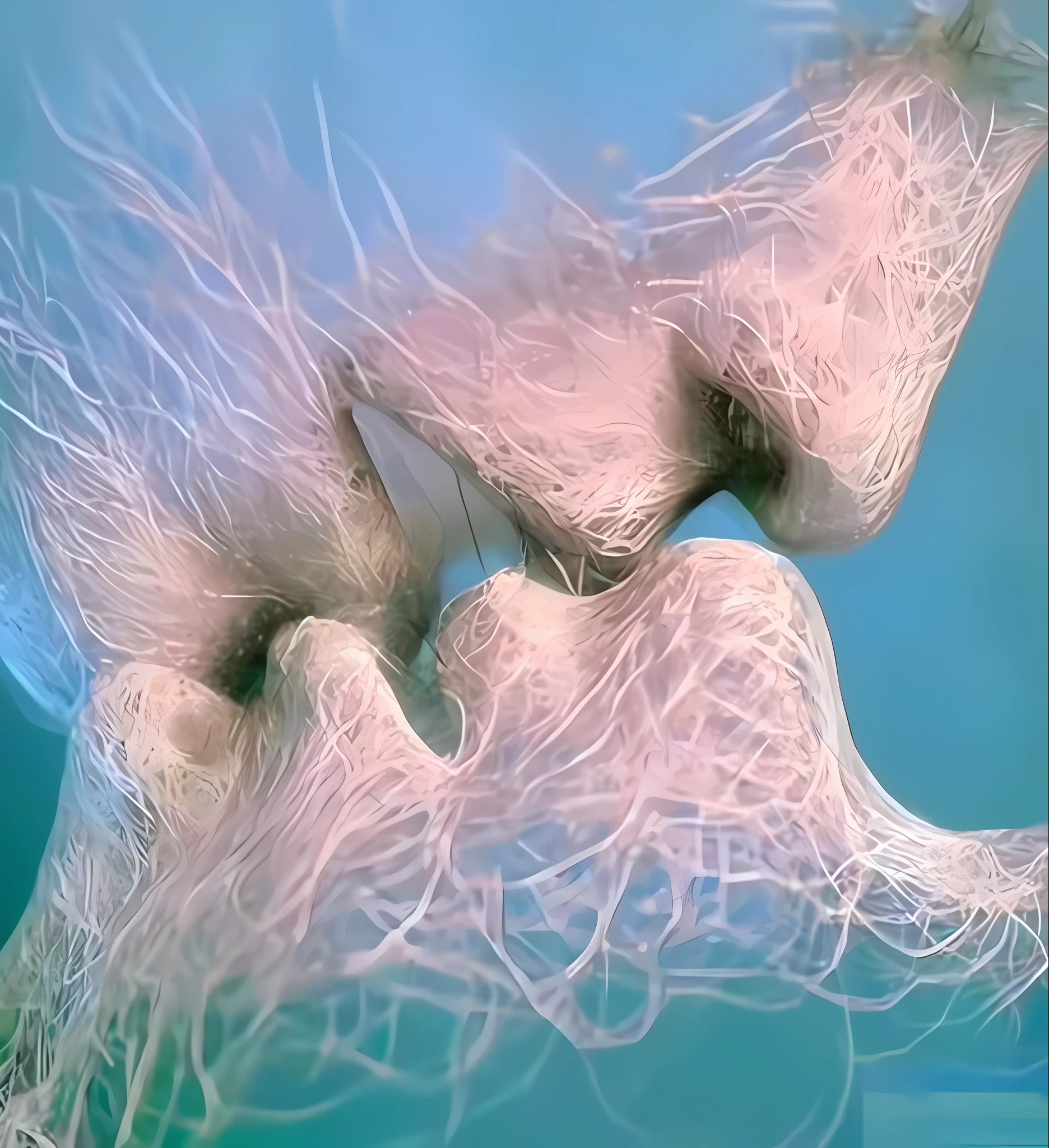 there are two people kissing in the water with their hair blowing, entwined bodies, amazing cgi, houdini algorithm generative art, human bodies intertwined, macro art, amazing detail digital art, houdini fluid simulation, kissing, by Anna Füssli, stunning art, extremely close shot, generative art, fluid simulation in houdini, beautiful art