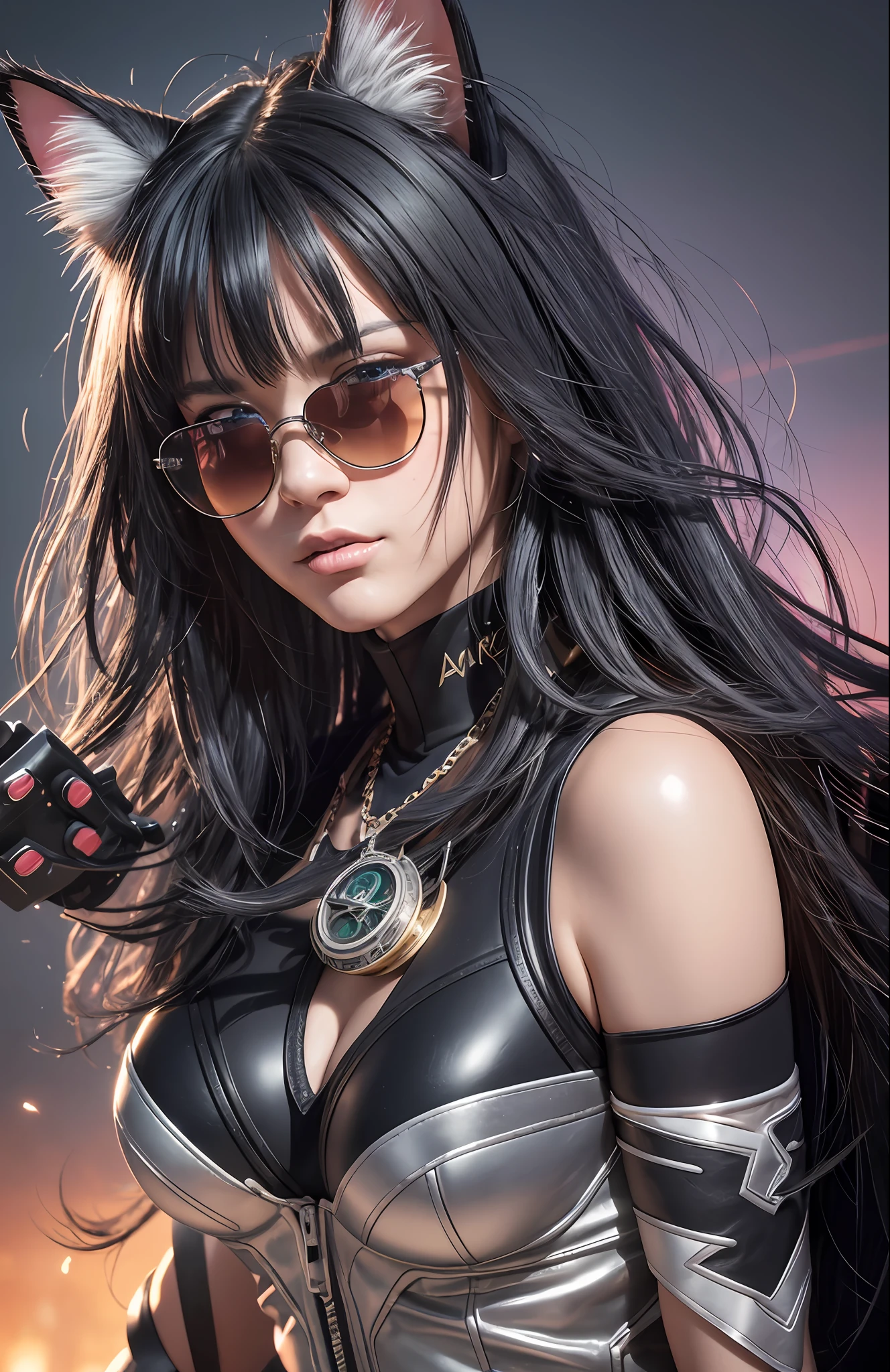 cat ear, cat girl, dark gray hair, cat leash, Medal, sunglass, furry, angry, swag, complex 3d render ultra detailed, 150 mm, beautiful studio soft light, rim light, vibrant details, luxurious,elegant, beautiful background, octane render, H. R. Giger style, 8k, best quality, masterpiece, illustration, extremely detailed ,CG ,unity ,wallpaper, (realistic, photo-realistic:1.37),Amazing, finely detail, masterpiece,best quality,official art, extremely detailed CG unity 8k wallpaper, absurdres, incredibly absurdres,bright color, flashy,powerfull color. simple background --auto --s2
