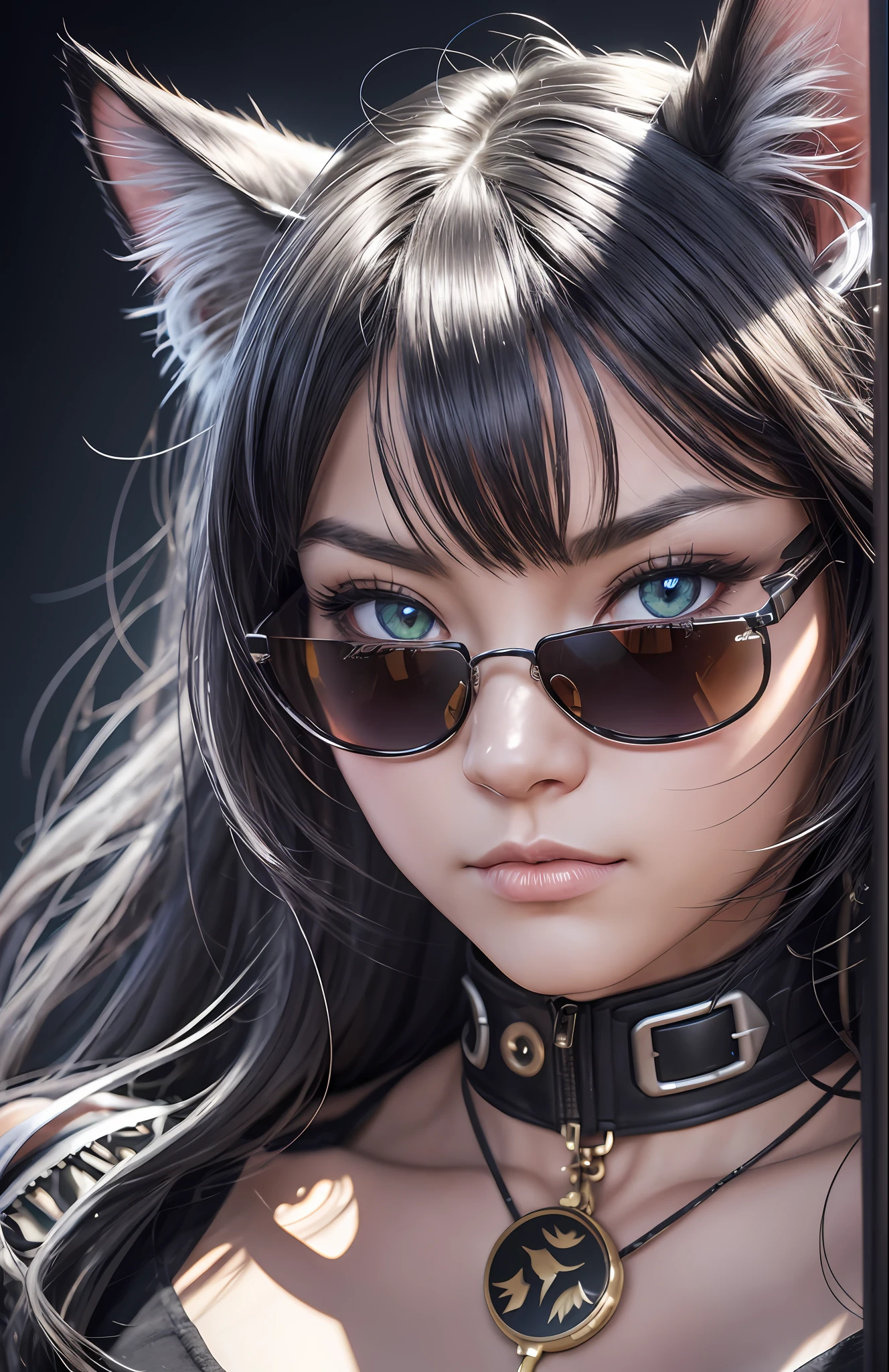 cat ear, cat girl, dark gray hair, cat leash, Medal, sunglass, furry, angry, swag, complex 3d render ultra detailed, 150 mm, beautiful studio soft light, rim light, vibrant details, luxurious,elegant, beautiful background, octane render, H. R. Giger style, 8k, best quality, masterpiece, illustration, extremely detailed ,CG ,unity ,wallpaper, (realistic, photo-realistic:1.37),Amazing, finely detail, masterpiece,best quality,official art, extremely detailed CG unity 8k wallpaper, absurdres, incredibly absurdres,bright color, flashy,powerfull color. simple background --auto --s2