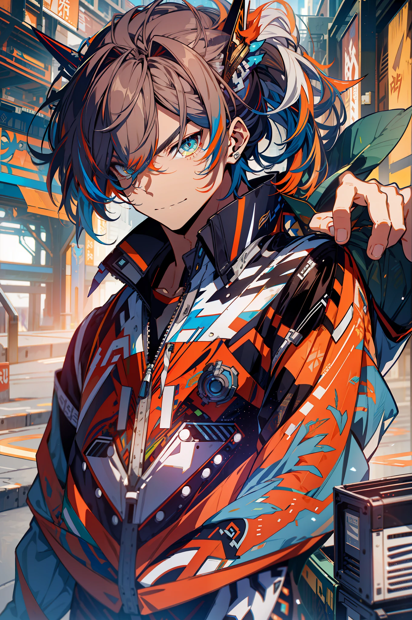 background, language_text, Japanese letters in graffit, man, long brown hair, excellent lighting, sidelighting, (), vhsKeeper,, style GUILTY GEAR -STRIVE perfect ultimate (flat color: 1.3), (magazine_cover: 1.4), (multicolored_background: 1.3), striped_background, card_background, :: comix style by joe madureira :: circular pieces of orange metals glued to the ultra detailed arms coming out sparkling shine, , perfect and detailed, ultra detailed shirt with abstract design and with print of Japanese letters in graffit of the sides of the clothes, image of boy with long hair, in front of a computer, with immersive effects, hover effect, background graffiti style tribal tattoo with vibrant colors "hdr ultra" detailed and with focus effect, (masterpiece: 1.2, best quality), (beautiful eyes 1.2), , ((Solo)), (Finely detailed eyes and detailed face :1.3), in various full-body attack poses, (cute background: 1.2),futuristic costume, super detailed circular metals Clinging to the arms and pants, fantastic paintings, blue and orange colors, cute smile, brown eyes, thin beard, brown eye, brown eye, dark eye,
