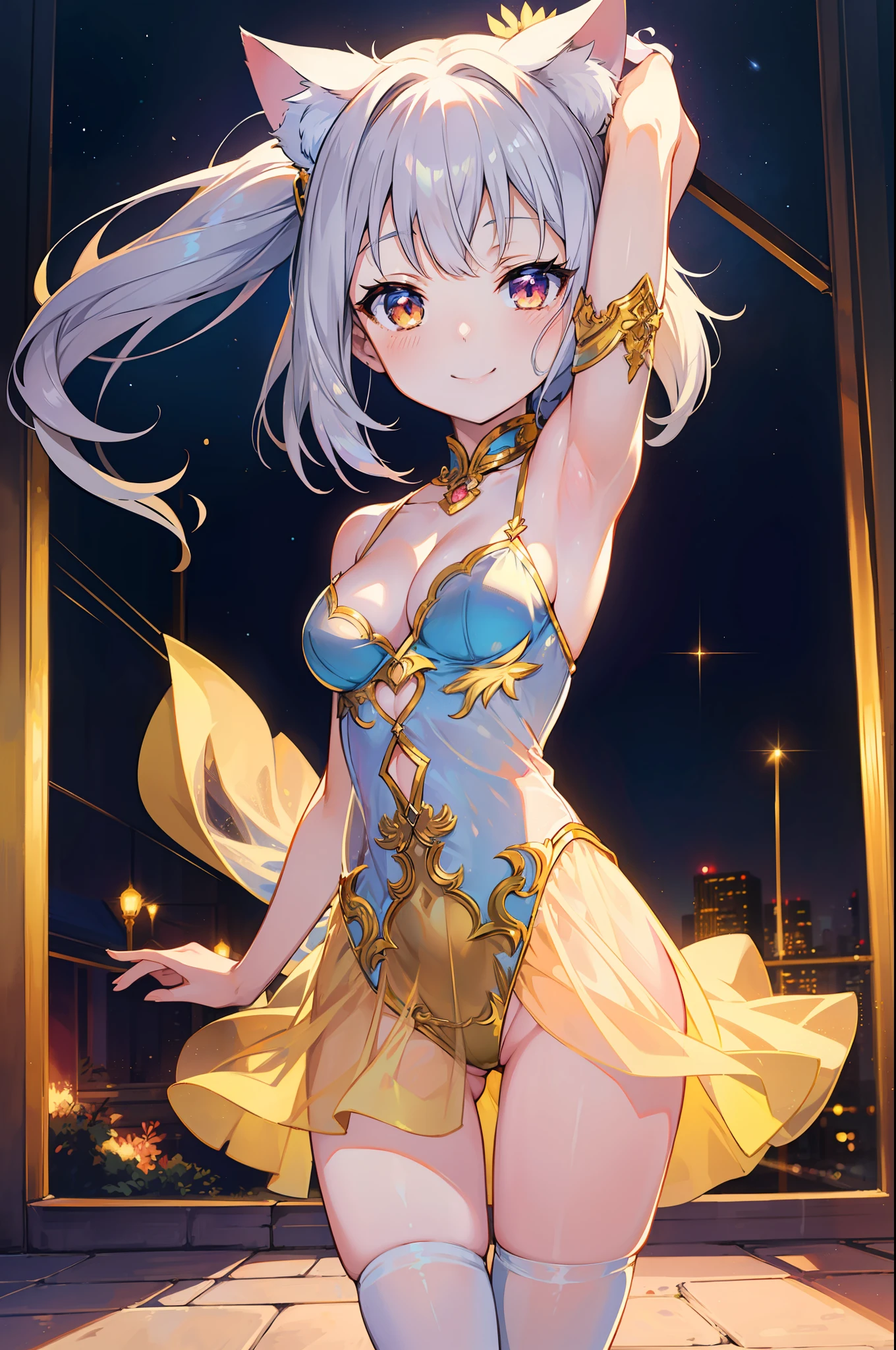 Masterpiece, top quality anime illustration, super detailed, single girl, solo, beautiful girl with silver hair, anime loli, cat ear loli, pale golden see-through dancer costume, smile, cleavage enhancement, lower breast emphasis on bare skin, thigh focus, night color