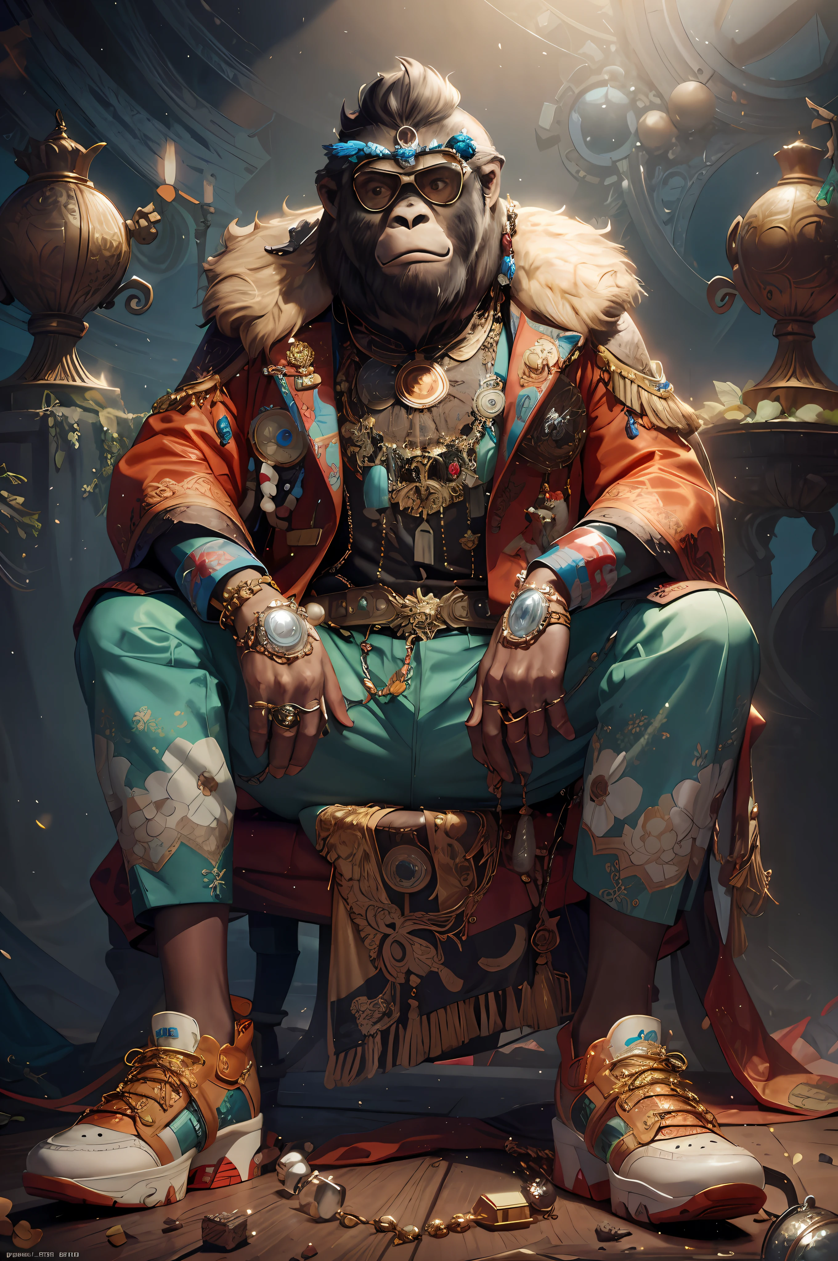 masterpiece, best quality, photorealistic ,fashionmonkey, gorilla, eyewear on head, gears, gem, goggles , gold, jewelry, magic circle,male_focus, owl, pants, shoes, sunglasses, tassel, throne,