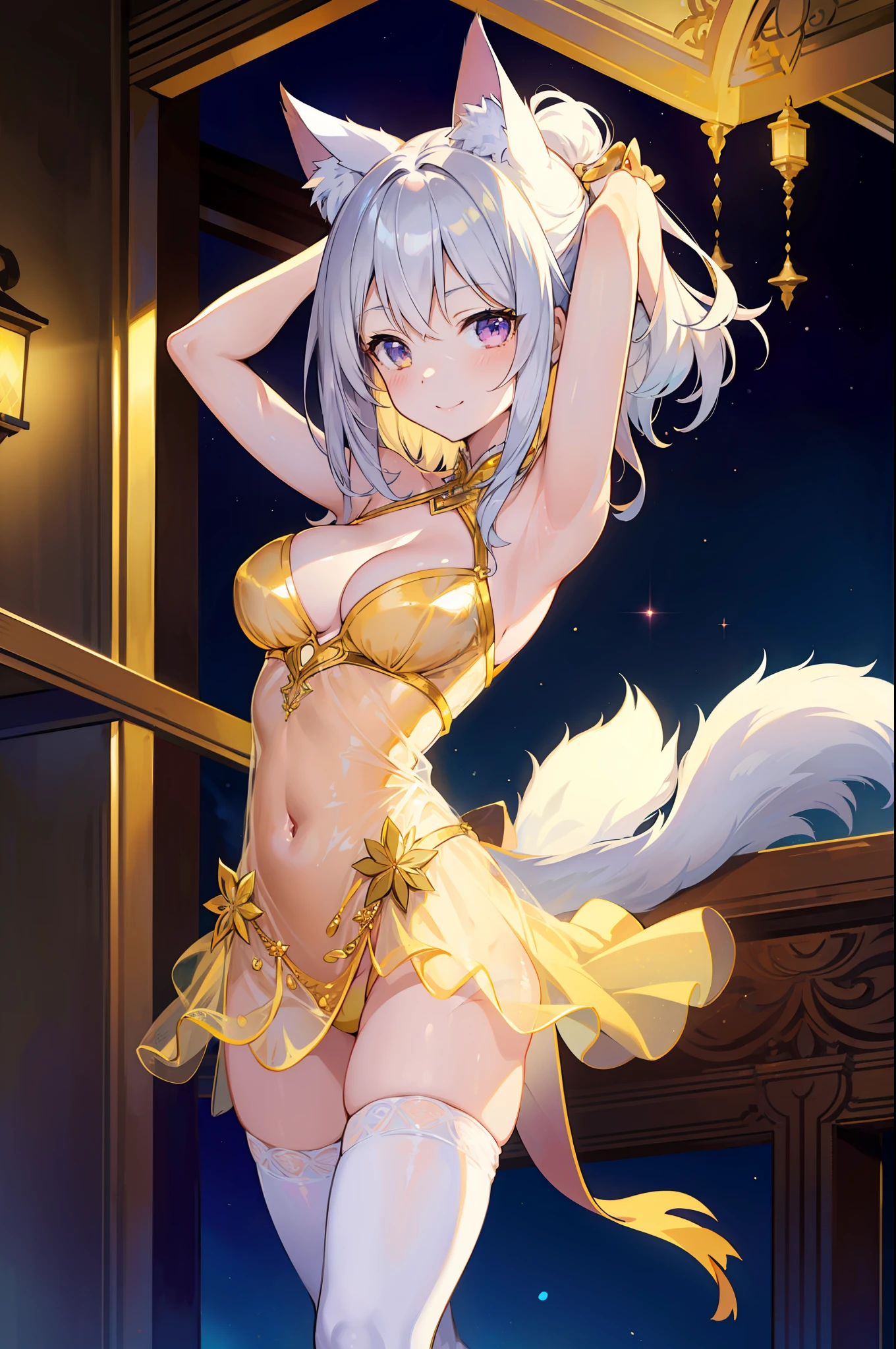 Masterpiece, top quality anime illustration, super detailed, single girl, solo, beautiful girl with silver hair, anime , cat ear lolile golden see-through dancer costume, smile, cleavage enhancement, lower breast emphasis on bare skin, thigh focus, night color