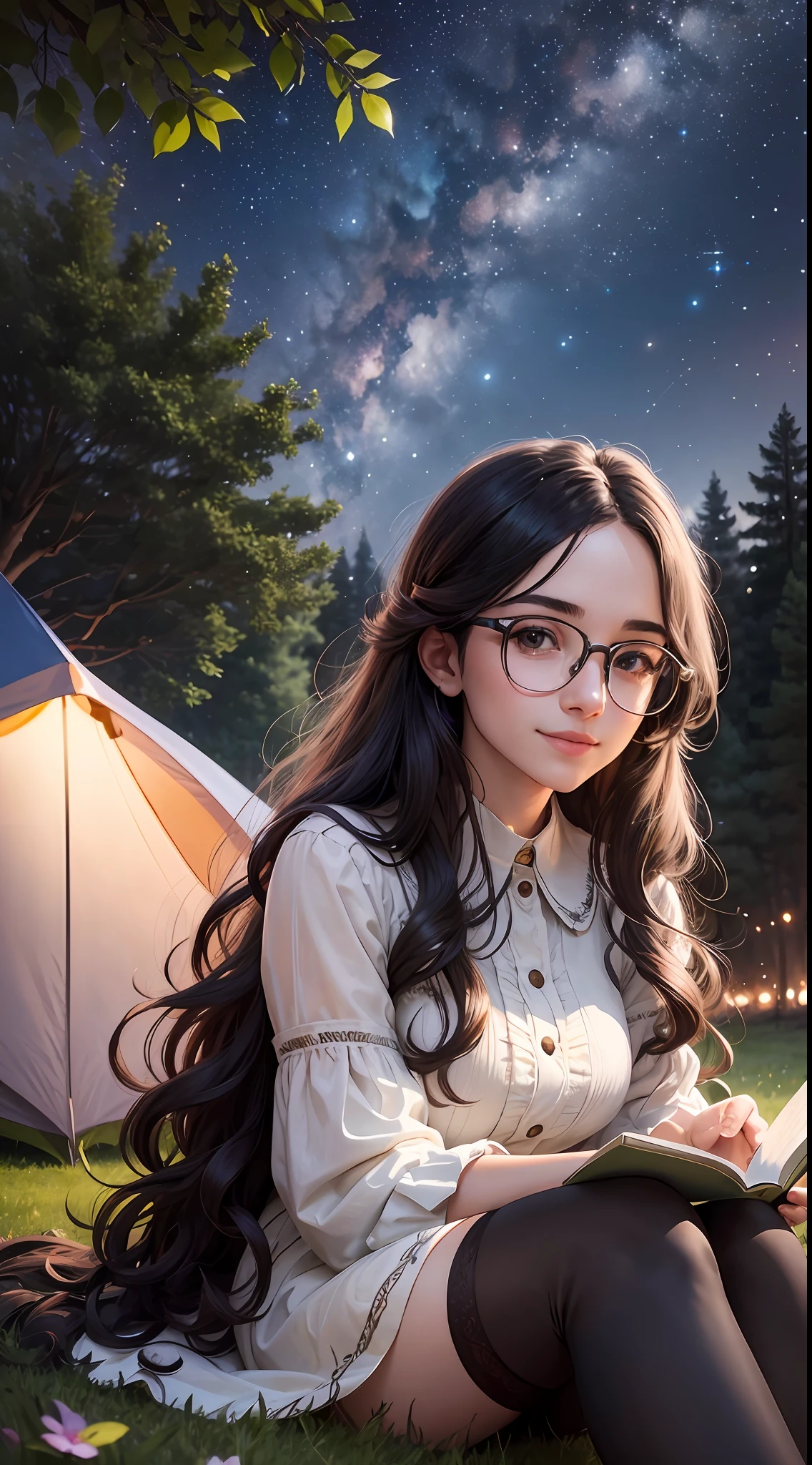 Young sits on the grass reading a book, long black curly hair, wearing glasses, delicate smile, bright brown eyes, looking up at the sky, lamp light, whole body, under a huge tree, farther view, a tent in the background, starry sky, illuminated night, photographic effect, 8k, super detailed, hyper realistic.