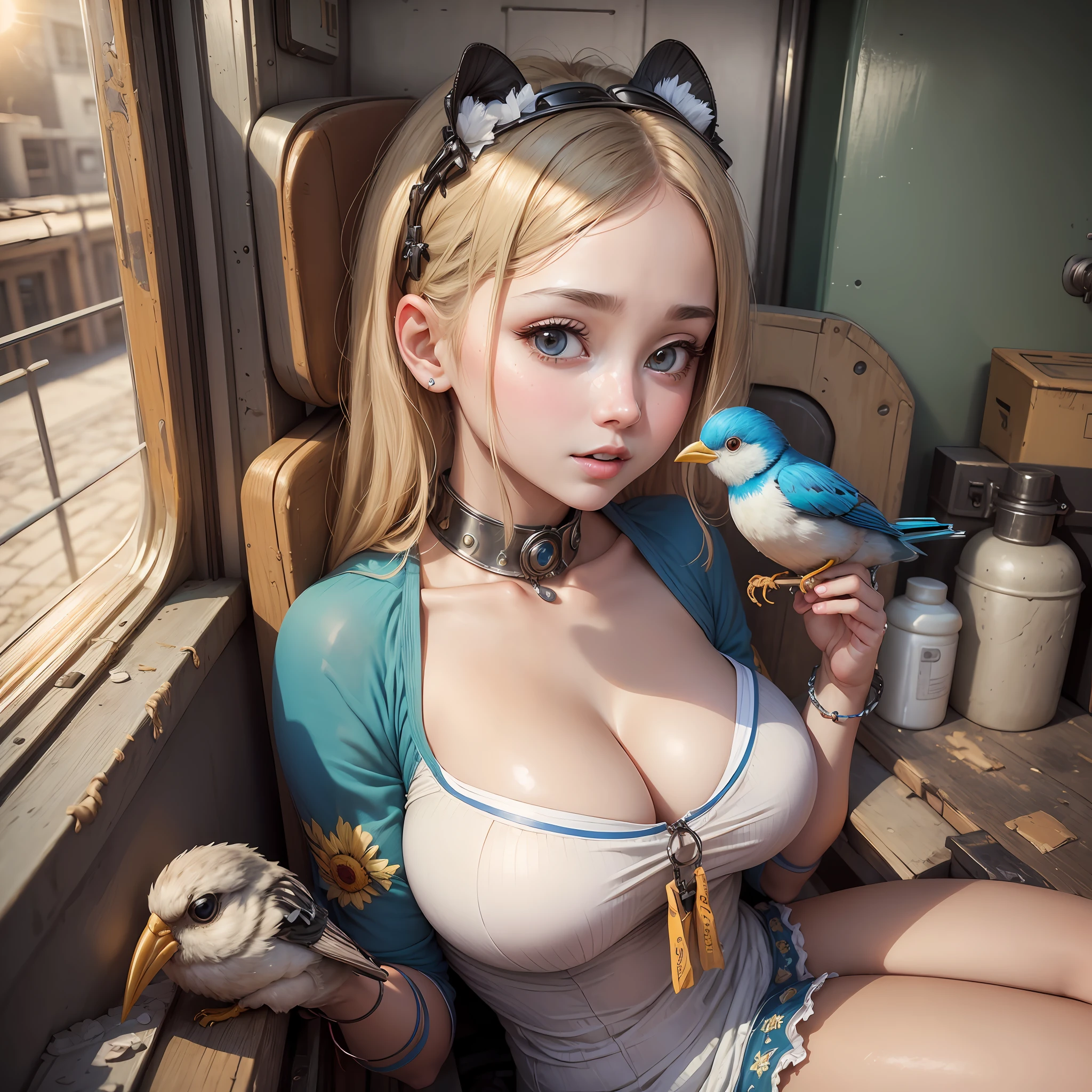 ((Top Quality, 8k, Masterpiece: 1.3)), 1 Girl Garbage dump plastic bottle bird lips big tits gentle expression cute sun bright pleasant train --auto --s2