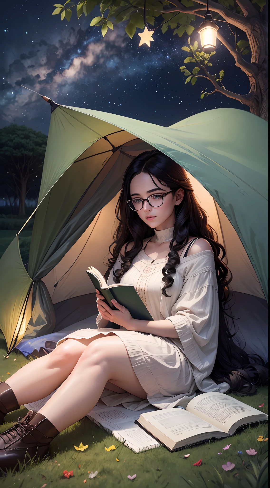 Young sits on the grass reading a book, long black curly hair, wearing glasses, bright brown eyes, lamp light, whole body, under a huge tree, distant vision, a tent in the background, starry sky, illuminated night, photographic effect, 8k, super detailed, hyper realistic.