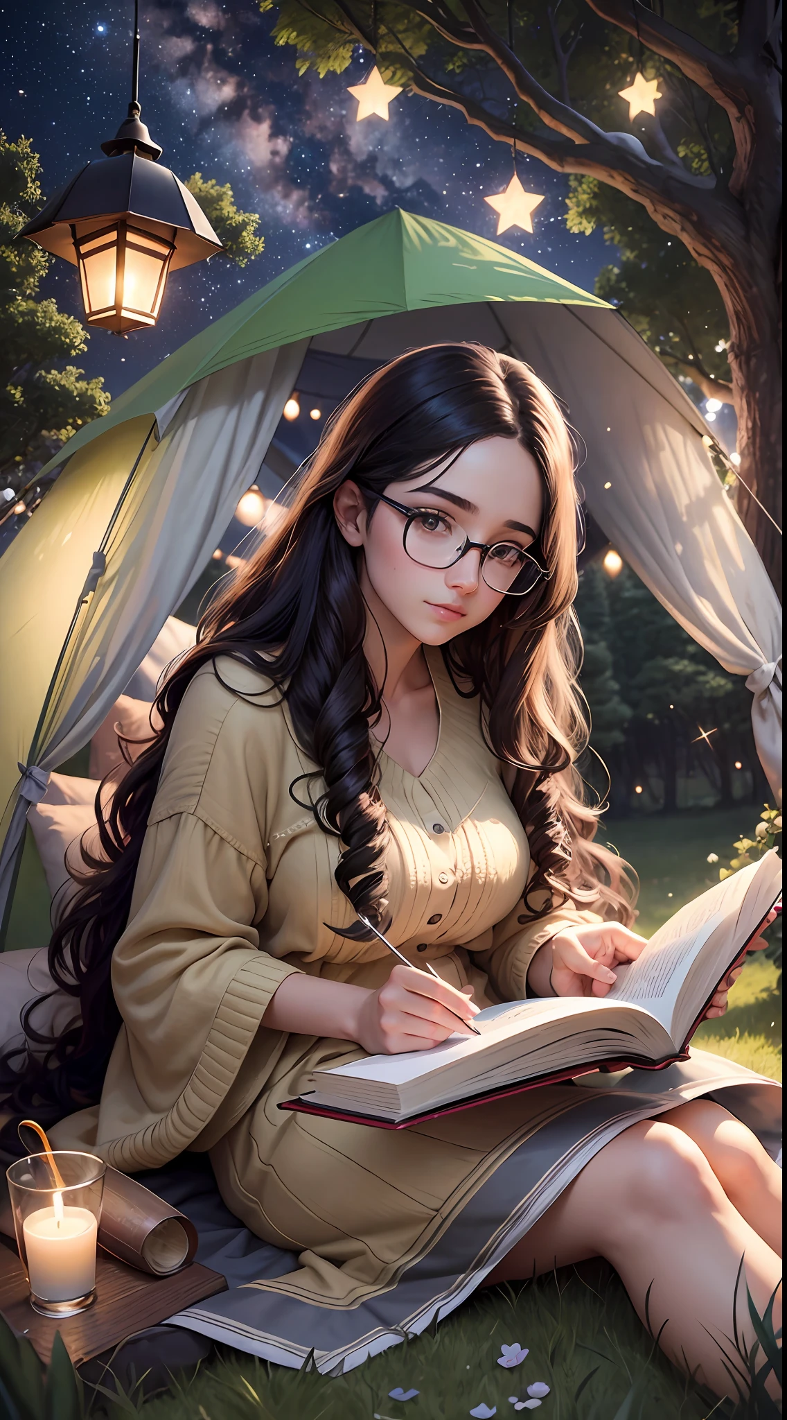 Young sits on the grass reading a book, long black curly hair, wearing glasses, bright brown eyes, lamp light, whole body, under a huge tree, distant vision, a tent in the background, starry sky, illuminated night, photographic effect, 8k, super detailed, hyper realistic.