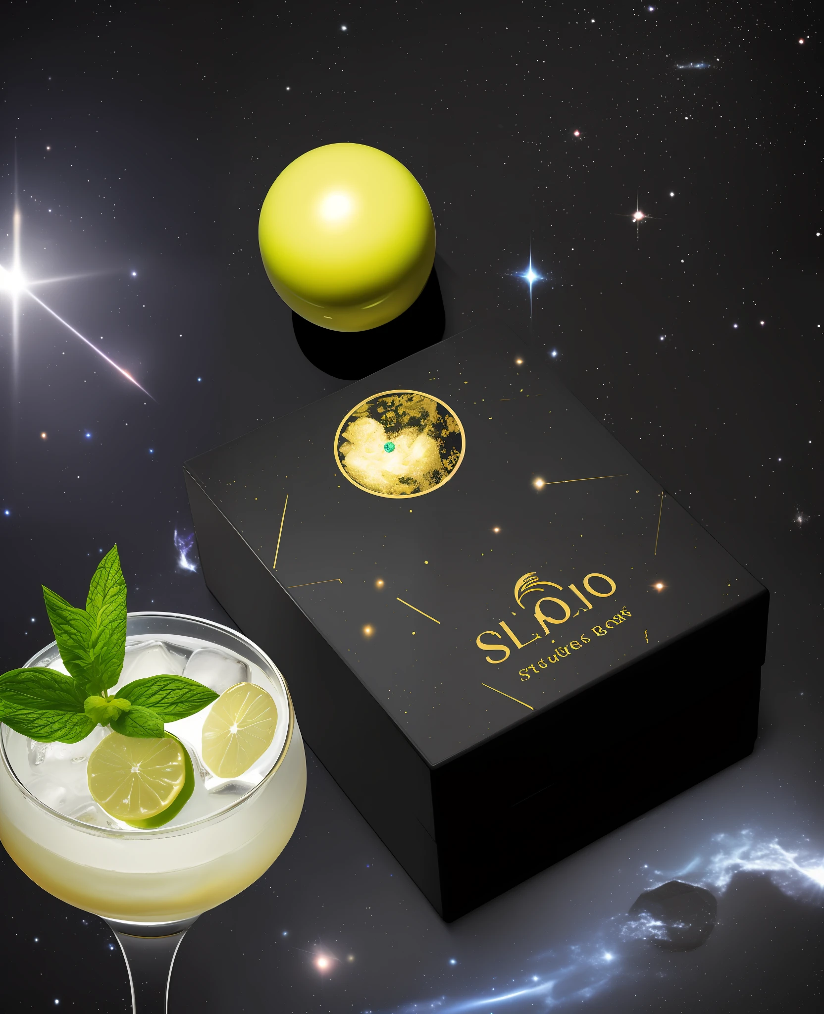 Studio photo (black box with gold pattern, with antistress ball inside) standing on a meteorite stone next to a mojito cocktail drink (in deep space, galaxy, nebula, cave, setting: 1.1), Andris Stock, product photo, computer rendering, arbeitsrat fr kunst, ambient shading, soft shadows