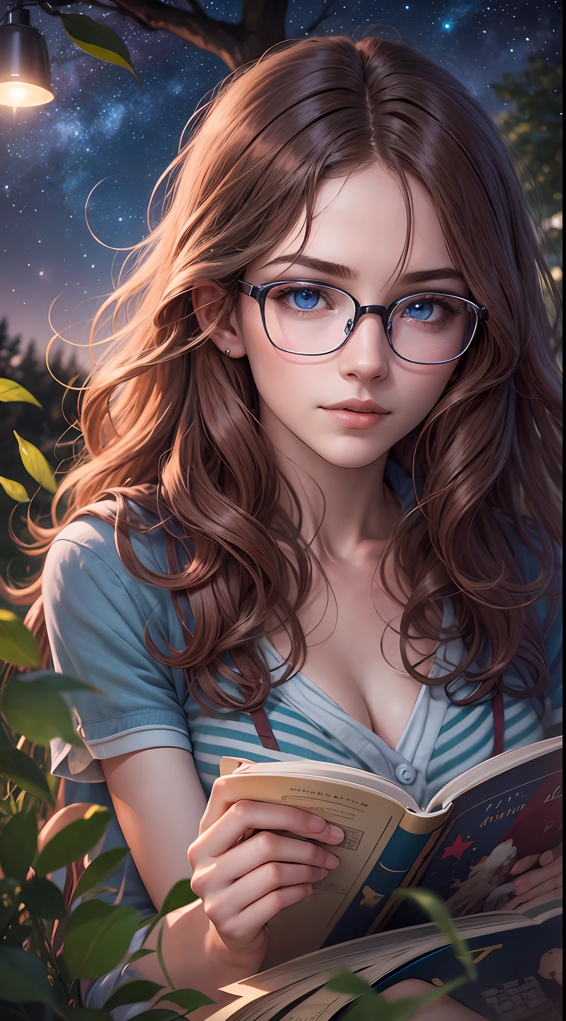 Young sits on the grass reading a book, wavy hair long and red, wearing glasses, bright blue eyes, lamp light, whole body, under a tree, distant vision, tries the, starry sky, illuminated night, photographic effect, 8k, super detailed, hyper realistic.