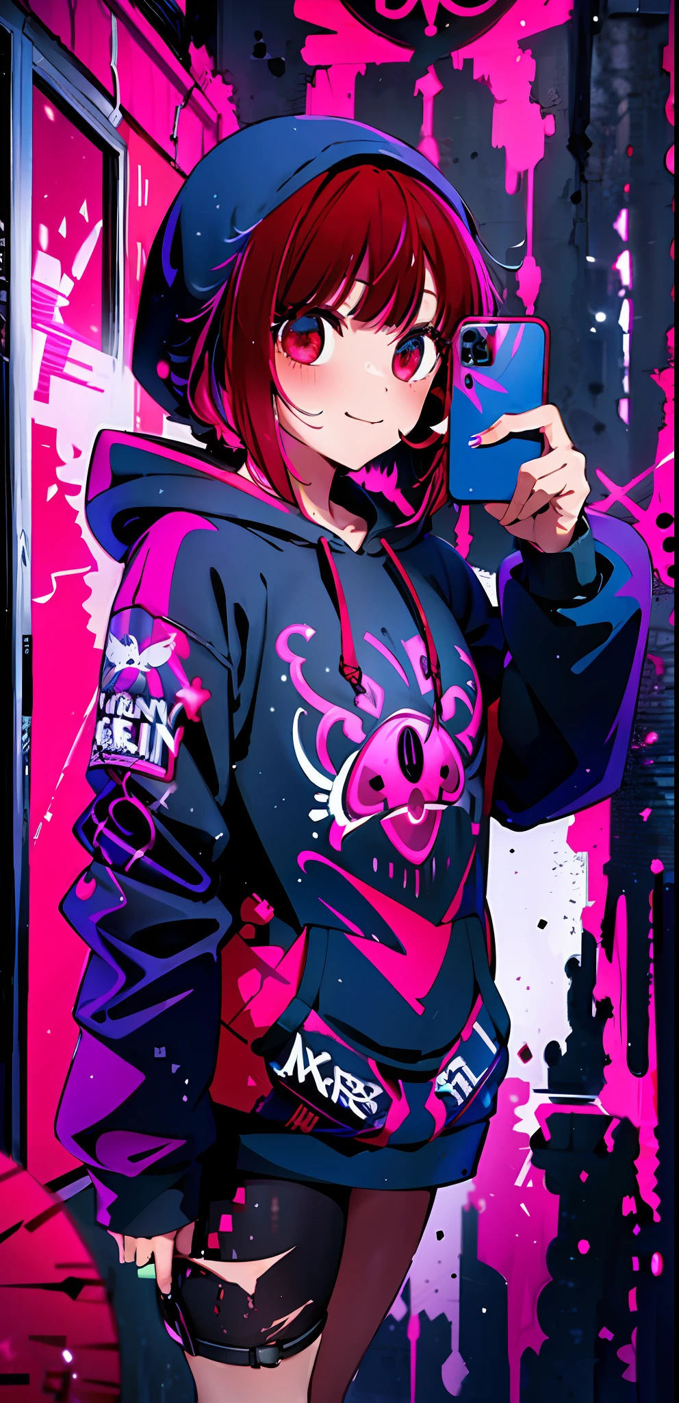 (masterpiece:1.2), best quality, absurdres, detailed background, masterpiece, best quality, smile, ornament, hoodie, neon red, graffiti, dark, night, glowing eyes, selfie, medium breast