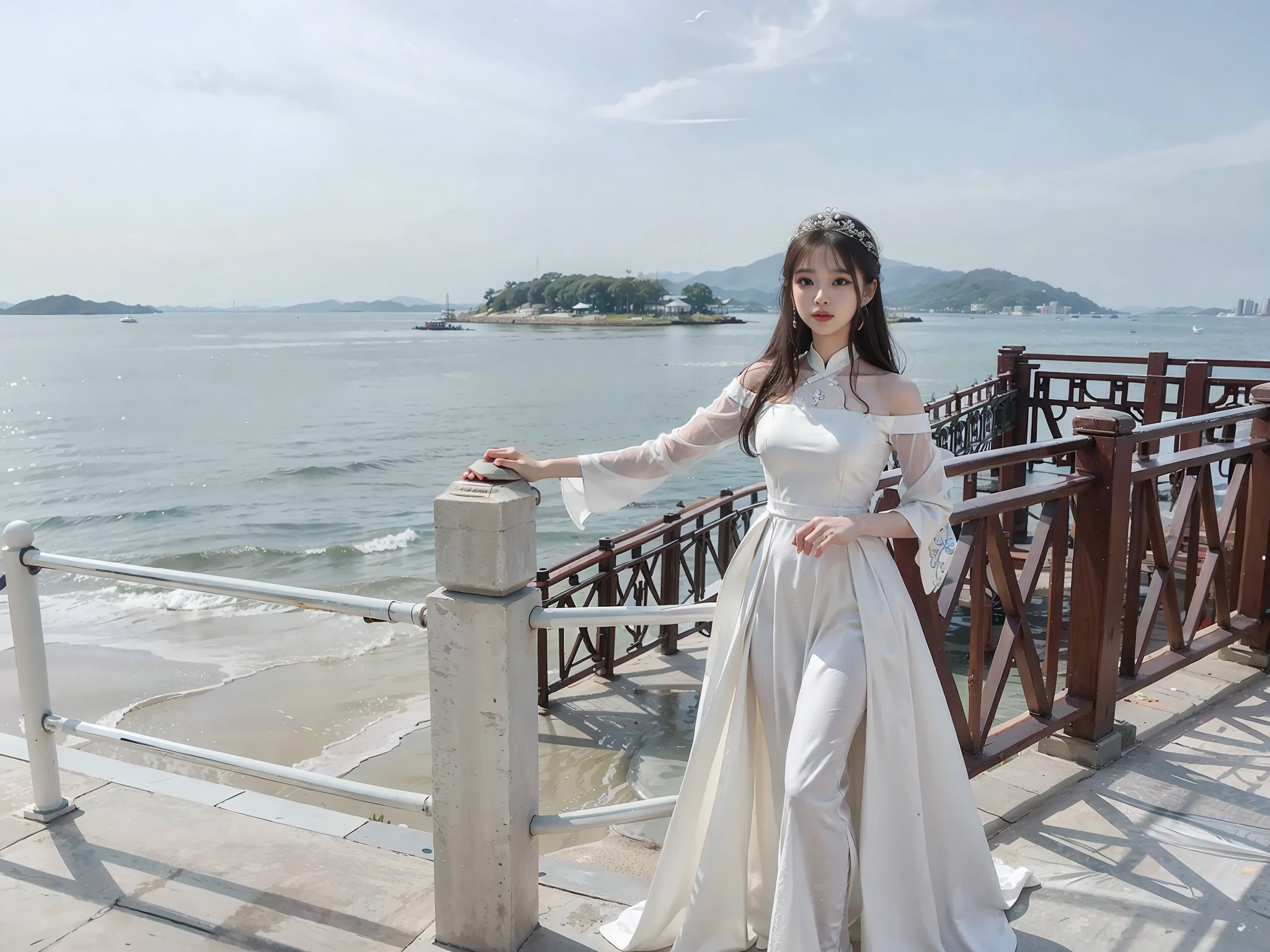 there is a woman standing on a railing by the water, in a long white dress, xintong chen, white hanfu, wenfei ye, 165 cm tall, 155 cm tall, queen of the sea mu yanling, a beautiful woman in white, chengyou liu, wenjun lin, wearing an elegant dress, zhong lin