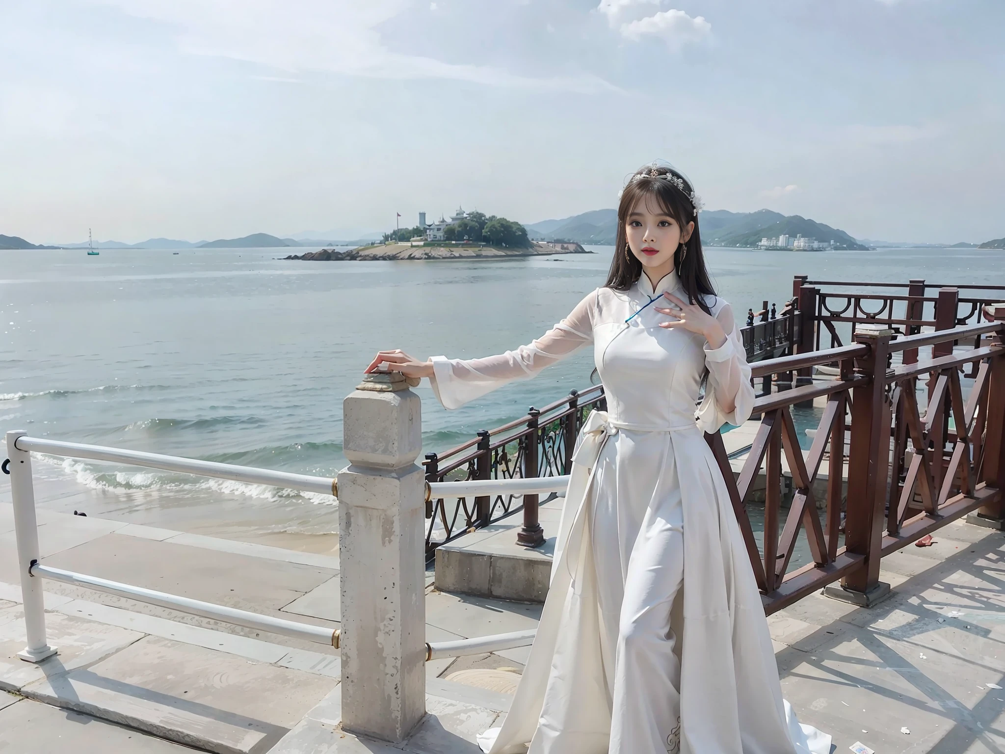 there is a woman standing on a railing by the water, in a long white dress, xintong chen, white hanfu, wenfei ye, 165 cm tall, 155 cm tall, queen of the sea mu yanling, a beautiful woman in white, chengyou liu, wenjun lin, wearing an elegant dress, zhong lin