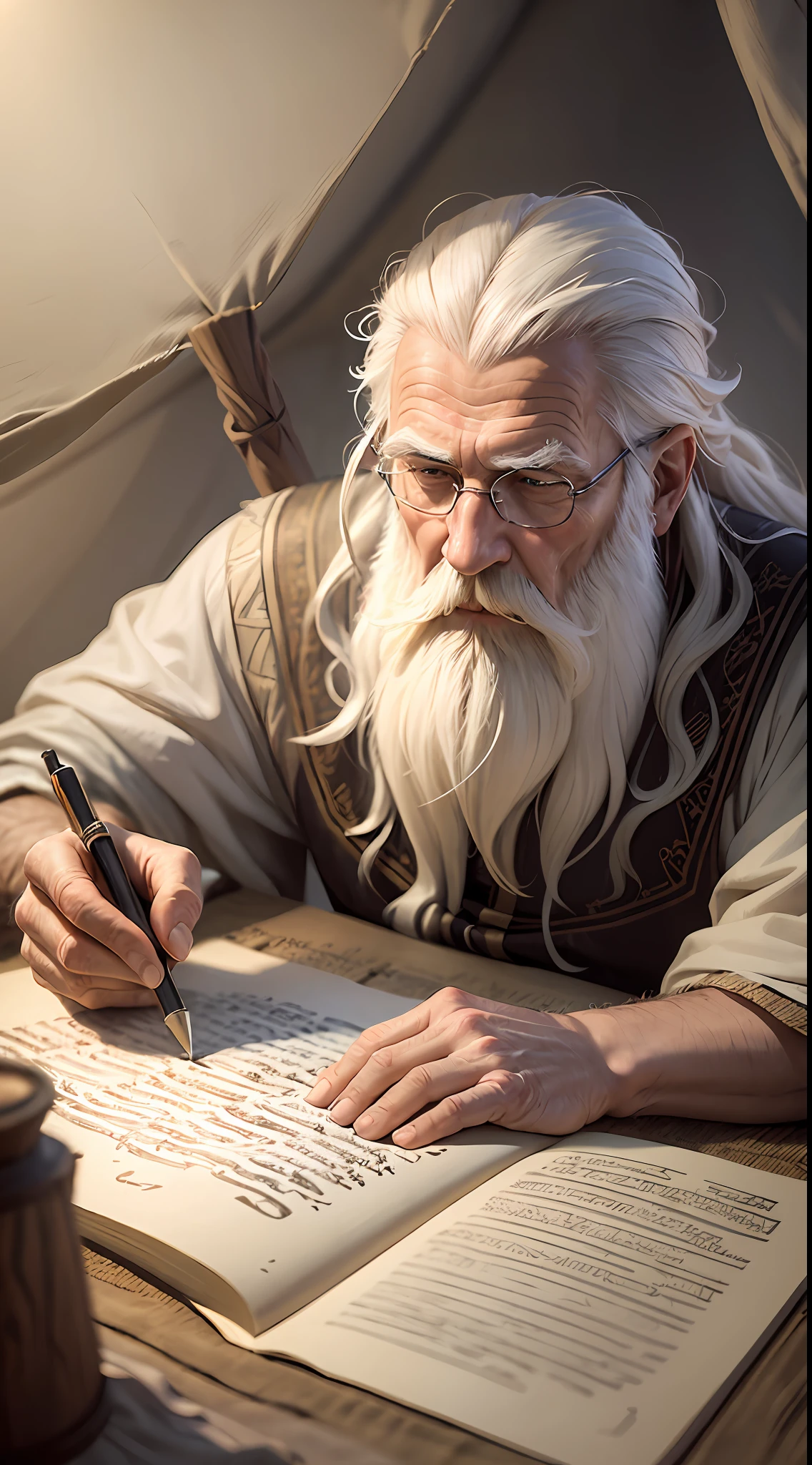 An old man, long white hair, long white beard, writing a papyrus, is inside a tent, hest view of the tent, without wearing glasses, candlelight, hyper realistic, photography effect, 8k, super detailed, biblical, Hebrew descendant. --auto --s2
