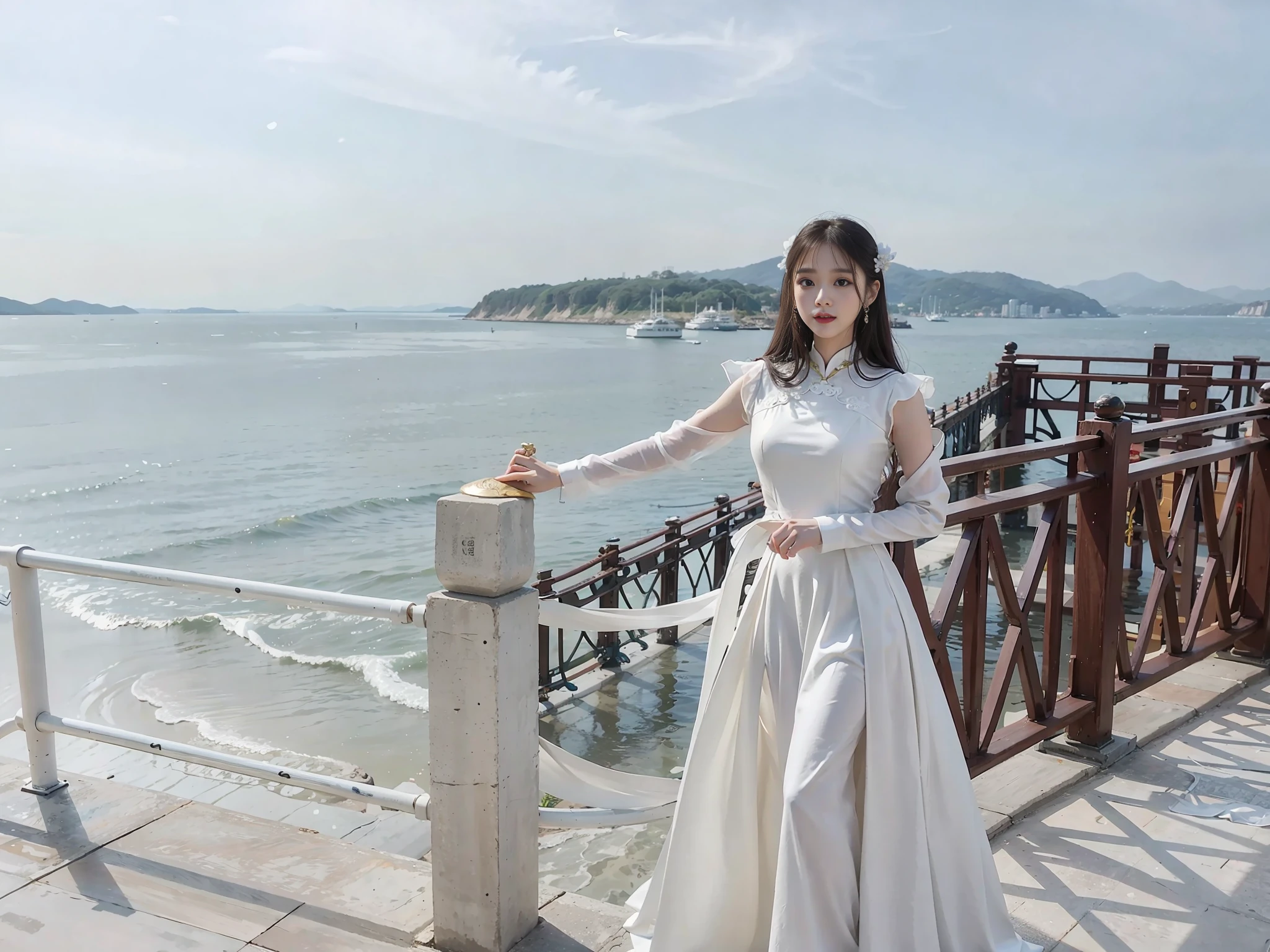 there is a woman standing on a railing by the water, in a long white dress, xintong chen, white hanfu, wenfei ye, 165 cm tall, 155 cm tall, queen of the sea mu yanling, a beautiful woman in white, chengyou liu, wenjun lin, wearing an elegant dress, zhong lin