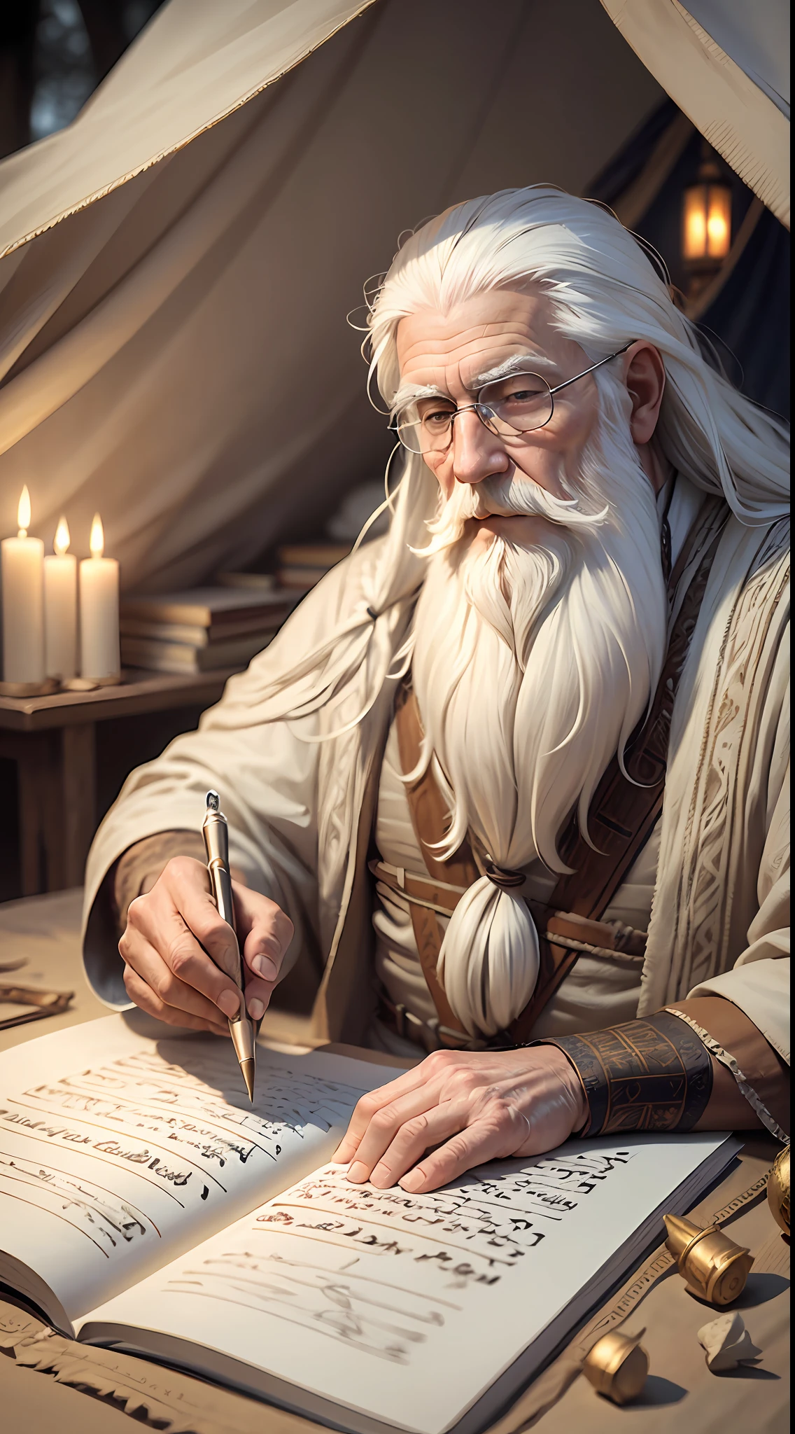 An old man, long white hair, long white beard, writing a papyrus, is inside a tent, farthest view of the tent, without wearing glasses, candlelight, hyper realistic, photography effect, 8k, super detailed, biblical, Hebrew descendant. --auto --s2