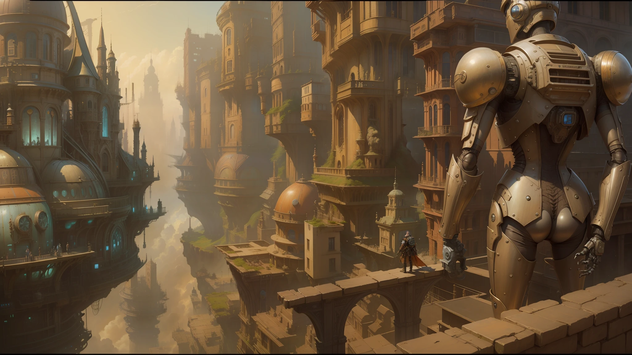 there is a robot that is standing on a ledge in a city, peter gric and dan mumford, mortal engines, intricate matte painting, insanely detailed matte painting, in steampunk cityscape, ancient steampunk city, hyperdetailed matte painting, highly detailed matte painting, by Peter Gric, cgsociety ), steampunk city, a steampunk city, andreas rocha and john howe --auto --s2