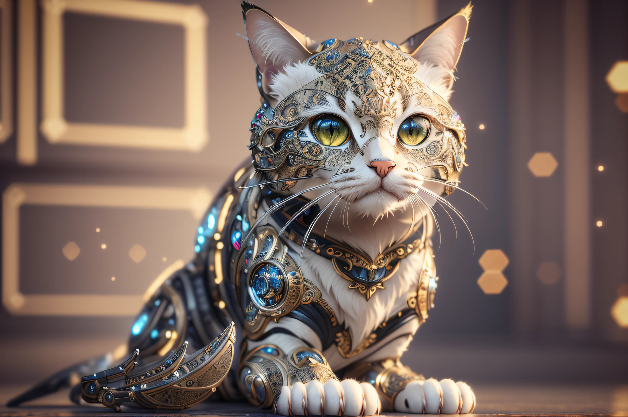 (masterpiece, best quality), intricate details, 8k, artstation, wallpaper, official art, splash art, sharp focus, cat, mechanical parts, robotic, (photorealistic:1.2) (bokeh) (best quality) (detailed skin:1.3) (intricate details) (8k) (detailed eyes) (sharp focus)