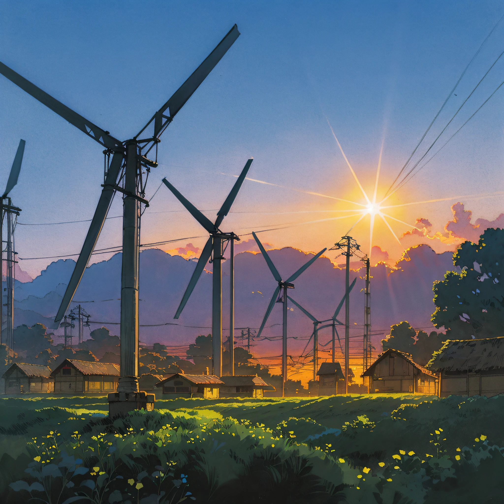 A peaceful solarpunk village, with a blanket of solar panels and wind turbines, illuminated by the soft light of the setting sun, Melancholic, Enigmatic, intricate and detailed --auto --s2