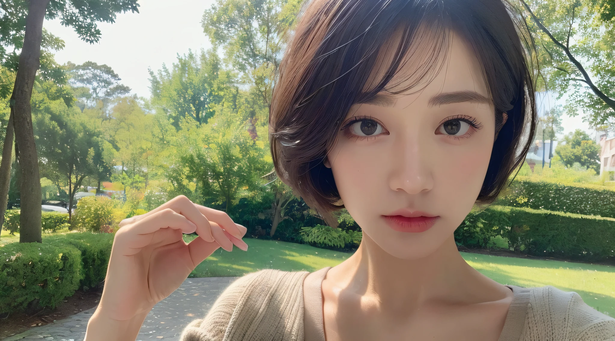 ((Best quality, 8k, Masterpiece :1.3)), 1girl, Pretty woman with slender abs :1.3, (Medium-short hair, Huge breasts :1.2), Cardigan :1.1, Ultra-detailed face, Detailed eyes, Double eyelid