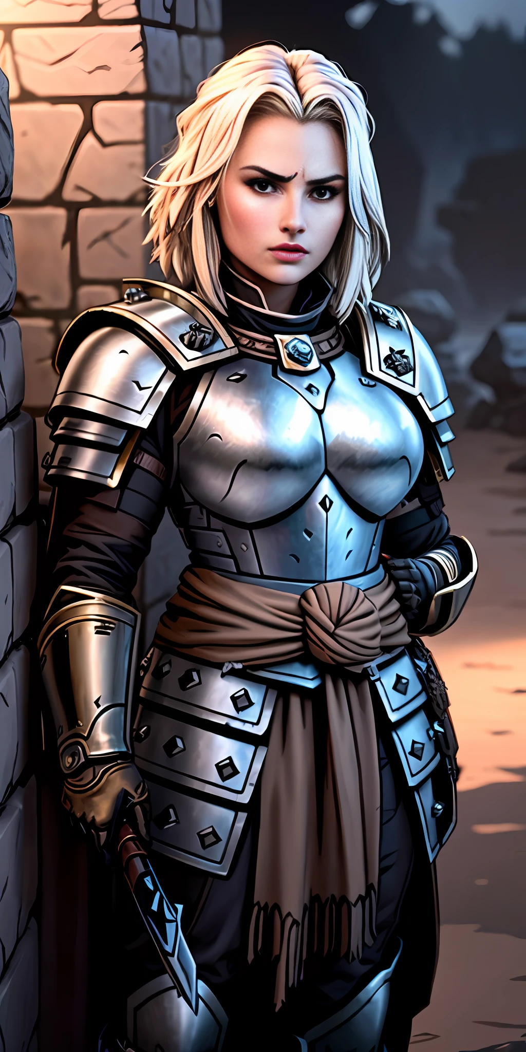 ((realistic image of beautiful young African warrior)), slight smile, ((standing in front of a stone wall)), wearing rusty Mandalorian armor, short dreadlock hair, leather boots, dark background lighting, close-up, detailed facial details, perfect face, sharpness, trend art, sharp facial details, ultra high quality, line art, high fantasy, exquisite, 4k, soft lighting 8k, Dreamer --ISO 100, anime, line art (extremely detailed 8k wallpaper), image a noble lady, the lord of the castle wife, wearing a Mandalorian armor, dramatic lighting and shadows, 8k resolution, intricate, high detail, dramatic, knight, female solo, hands resting on the sword, whole body, serene look, gauntlets, gloves, breastplate, shoulder armor, black gloves, serene face, armored vest, sword sheathed at waist, thick waist, huge breasts