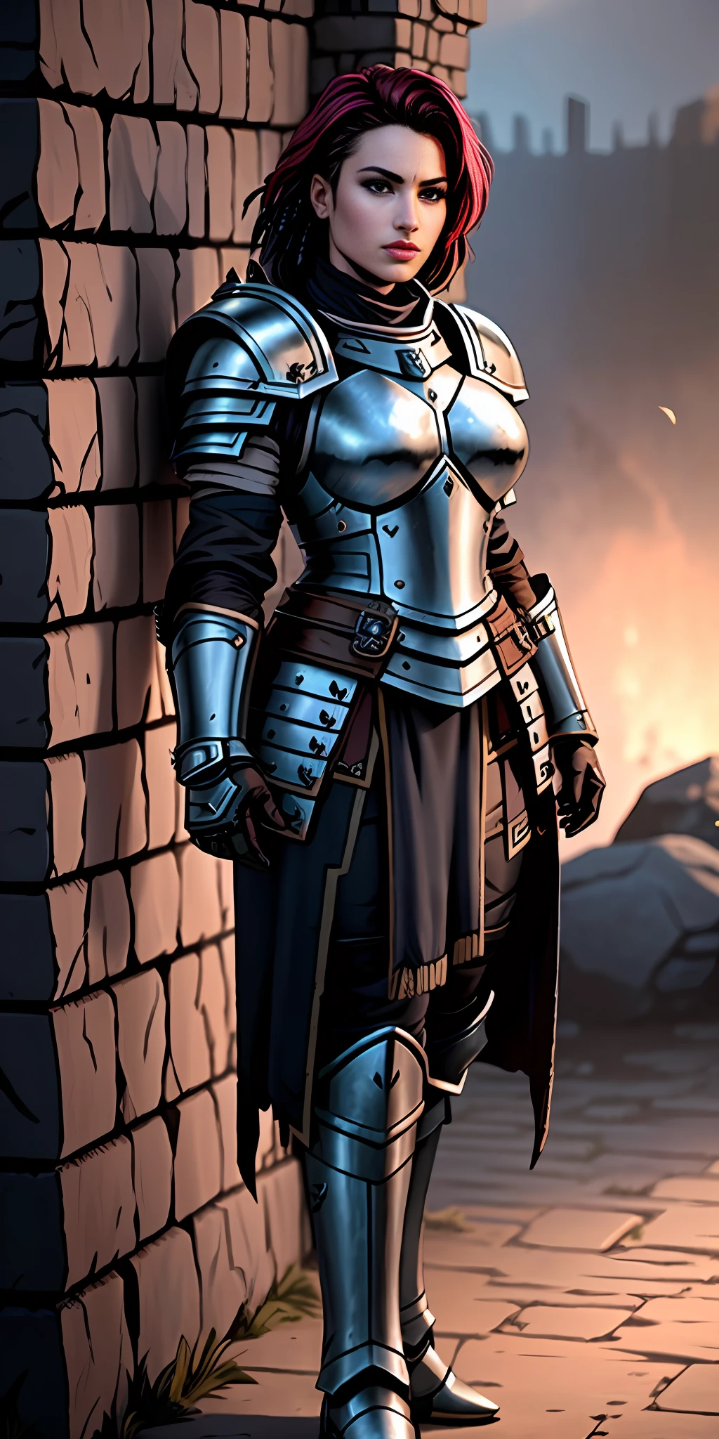 ((realistic image of beautiful young African warrior)), slight smile, ((standing in front of a stone wall)), wearing rusty Mandalorian armor, short dreadlock hair, leather boots, dark background lighting, close-up, detailed facial details, perfect face, sharpness, trend art, sharp facial details, ultra high quality, line art, high fantasy, exquisite, 4k, soft lighting 8k, Dreamer --ISO 100, anime, line art (extremely detailed 8k wallpaper), image a noble lady, the lord of the castle wife, wearing a Mandalorian armor, dramatic lighting and shadows, 8k resolution, intricate, high detail, dramatic, knight, female solo, hands resting on the sword, whole body, serene look, gauntlets, gloves, breastplate, shoulder armor, black gloves, serene face, armored vest, sword sheathed at waist, thick waist, huge breasts