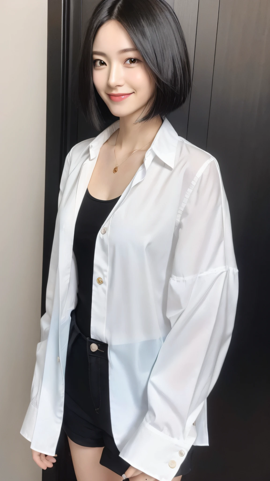 (Masterpiece:1.3), (8K, Photorealistic, RAW Photography, Best Quality: 1.4), Japan People, (1 Girl), Beautiful Face, (Realistic Face), (Black Hair, Short Hair:1.3), Beautiful Hairstyle, Realistic Eyes, Beautiful Details, (Realistic Skin), Beautiful Skin, Attractive, Ultra High Definition, Ultra Realistic, High Detail, Golden Ratio, (Fatal Face:1.2), Look at the Beholder,Smile, Open white shirt, middle chest, full body, standing, hands on hips