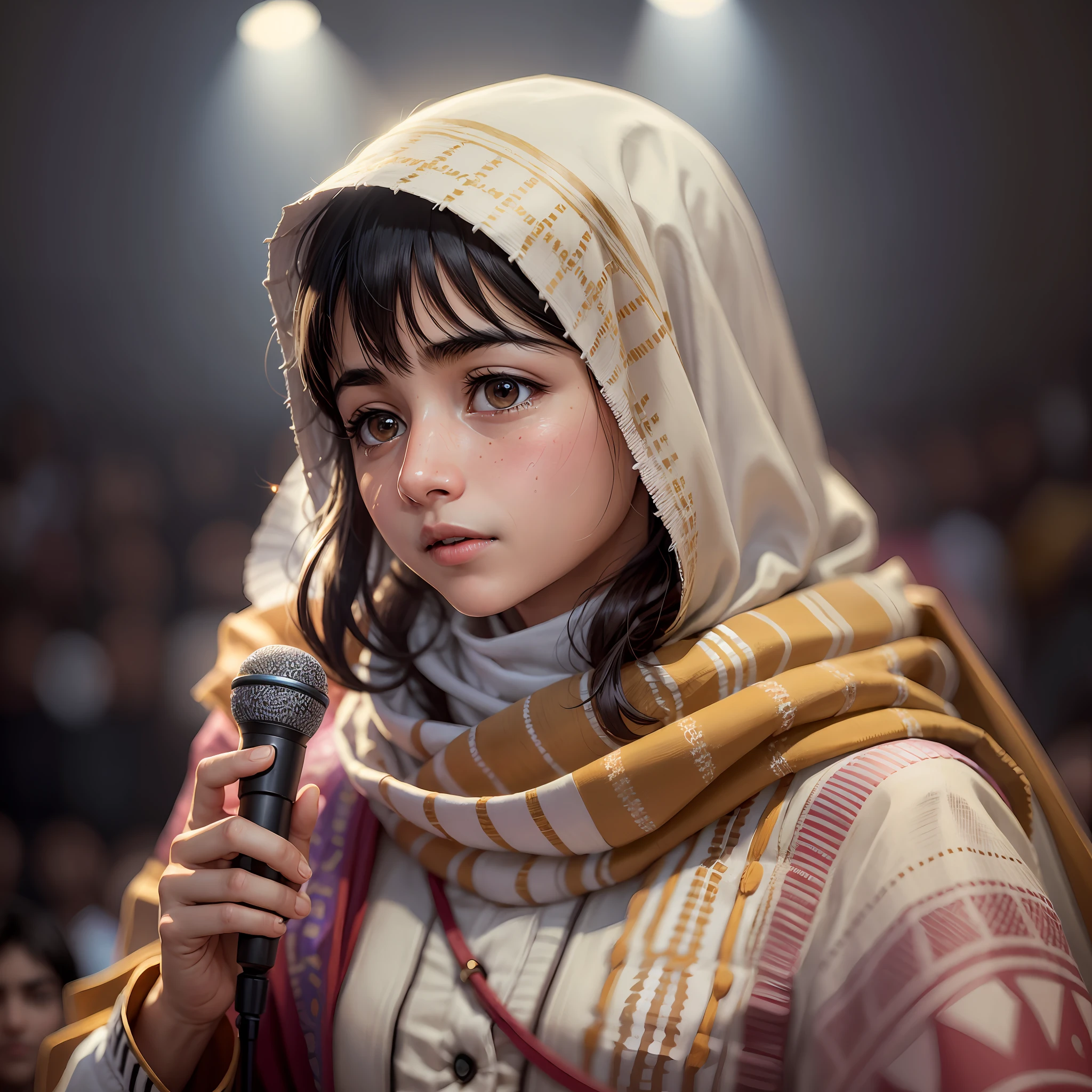 "Malala Yousafzai," a teenager wearing a Pakistani-style veil, stands on stage in the impressive U.N. auditorium. The ultra-realistic photo captures every detail of his determined expression while holding a microphone and his voice resonates throughout the venue. The side lighting highlights the soft contours of his face and emphasizes the intensity of his eyes. The photo was taken with one of the best cameras available, ensuring incredible 8K quality. Every little detail, from the wrinkles on your face to the delicately visible strands of hair, is captured with precision. This captivating image immortalizes the moment when Malala shares her powerful message advocating for girls' rights to education, while world leaders, activists and viewers from around the world silently admire her, moved by her courage and determination. --auto --s2