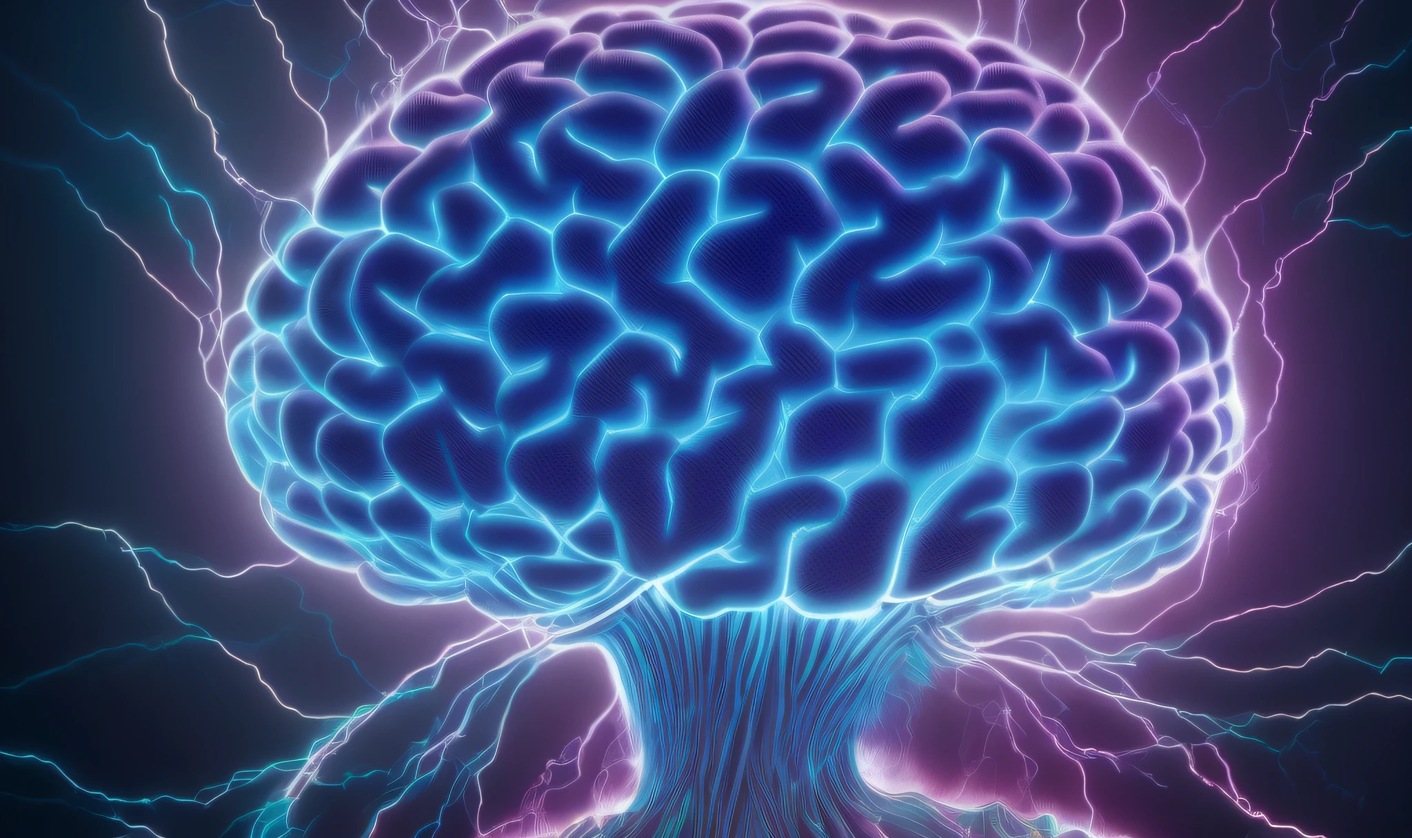 Hyper-realistic style, detailed brain, neural connection, detailed electric lights, detailed glows, deep purple brain #7738A5, turquoise #21B9CD background, heilkunde therapy + cinematic shot + dynamic composition, incredibly detailed, sharpness, detail + superb detail + night with light + perfectionism + award-winning realism ((soft lighting))
