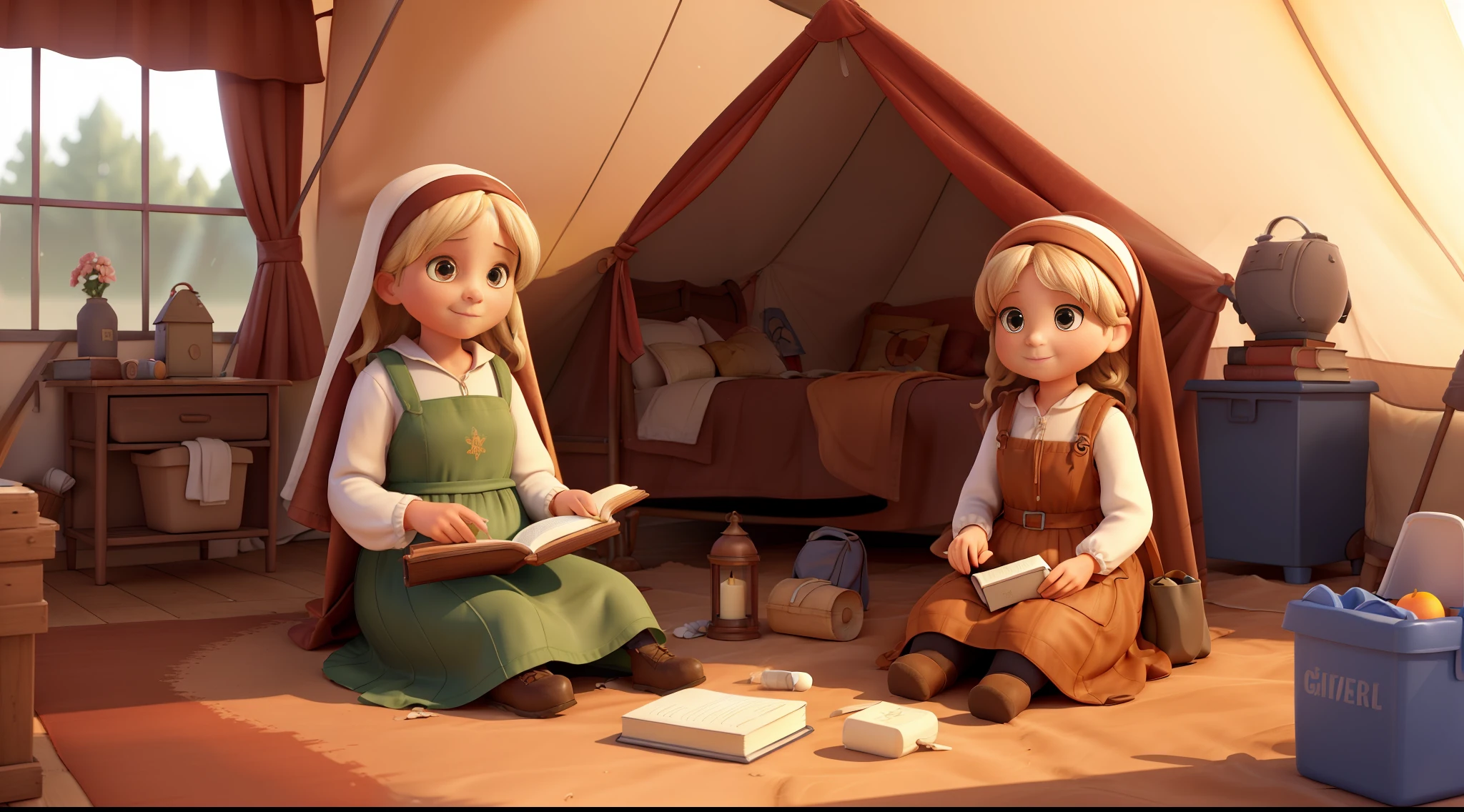 ((3D rendering)), ultra-detailed, best quality, Illustrious The old mother Mary and her daughter Anne only , ((sitting in)) their ((small)) tent, garbage bags around, faith and hope, ((simple)) house, warm sunlight coming through the tent, one of them holding a book, another peeling a fruit, ((composition: warm colors + contrast: high + saturation:  high:1.2 + sharpness: high + texture: roughness)), ((light: natural and warm + shade: soft and soft)). [Embed tag: garbage camp + survival].