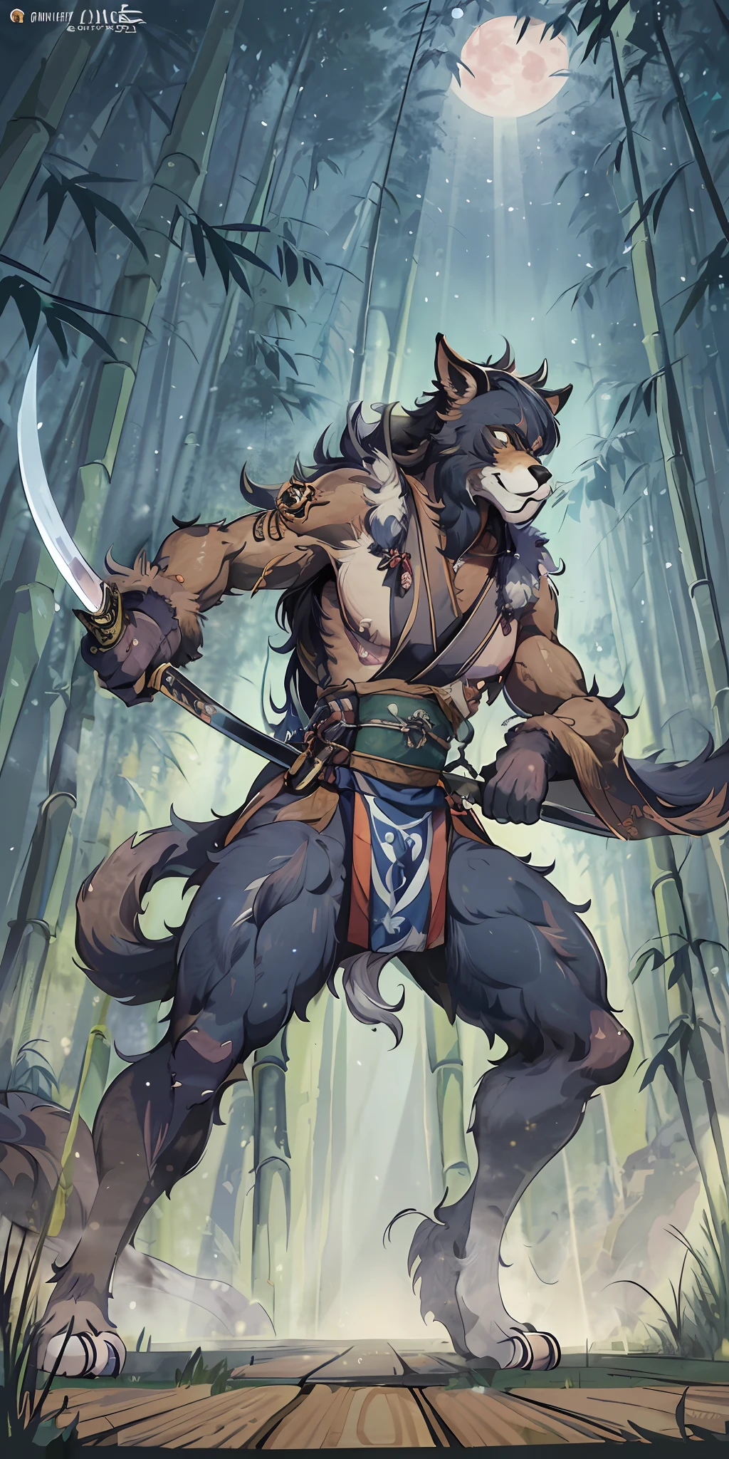 Top quality ultra-fine illustrations, movie poster, Zatoichi, Blind Swordsman, tarot card (bamboo forest, dark night with beautiful full moon, rays of light through bamboo, backlighting) (beautiful face and eyes with great detail) absurdres perfect anatomy ((Beastman))) (furry, pair, Japanese kimono, ninja, sword with blue flames, battle duels, smoke pipe) (furry anthro:1.7) ((((furry body, animal facial features, animal body features)))) ((((animal muzzle highly detailed fur)))) full body, sturdy look, shouting, combat regime (dynamic pose),
