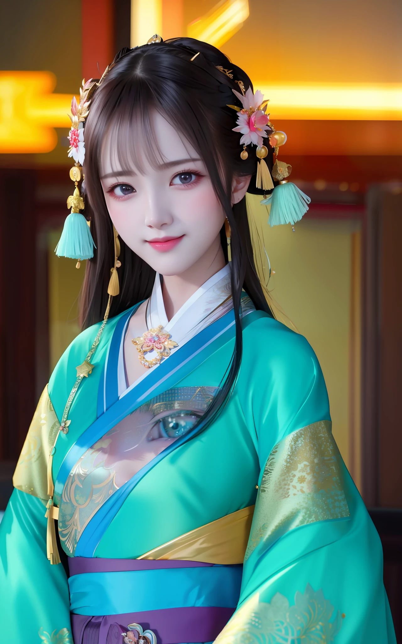 best quality, masterpiece, highres, 1girl,blush,(seductive smile:0.8),star-shaped pupils,china hanfu,hair ornament,necklace, jewelry,Beautiful face,upon_body, tyndall effect,photorealistic, dark studio, rim lighting, two tone lighting,(high detailed skin:1.2), 8k uhd, dslr, soft lighting, high quality, volumetric lighting, candid, Photograph, high resolution, 4k, 8k, Bokeh