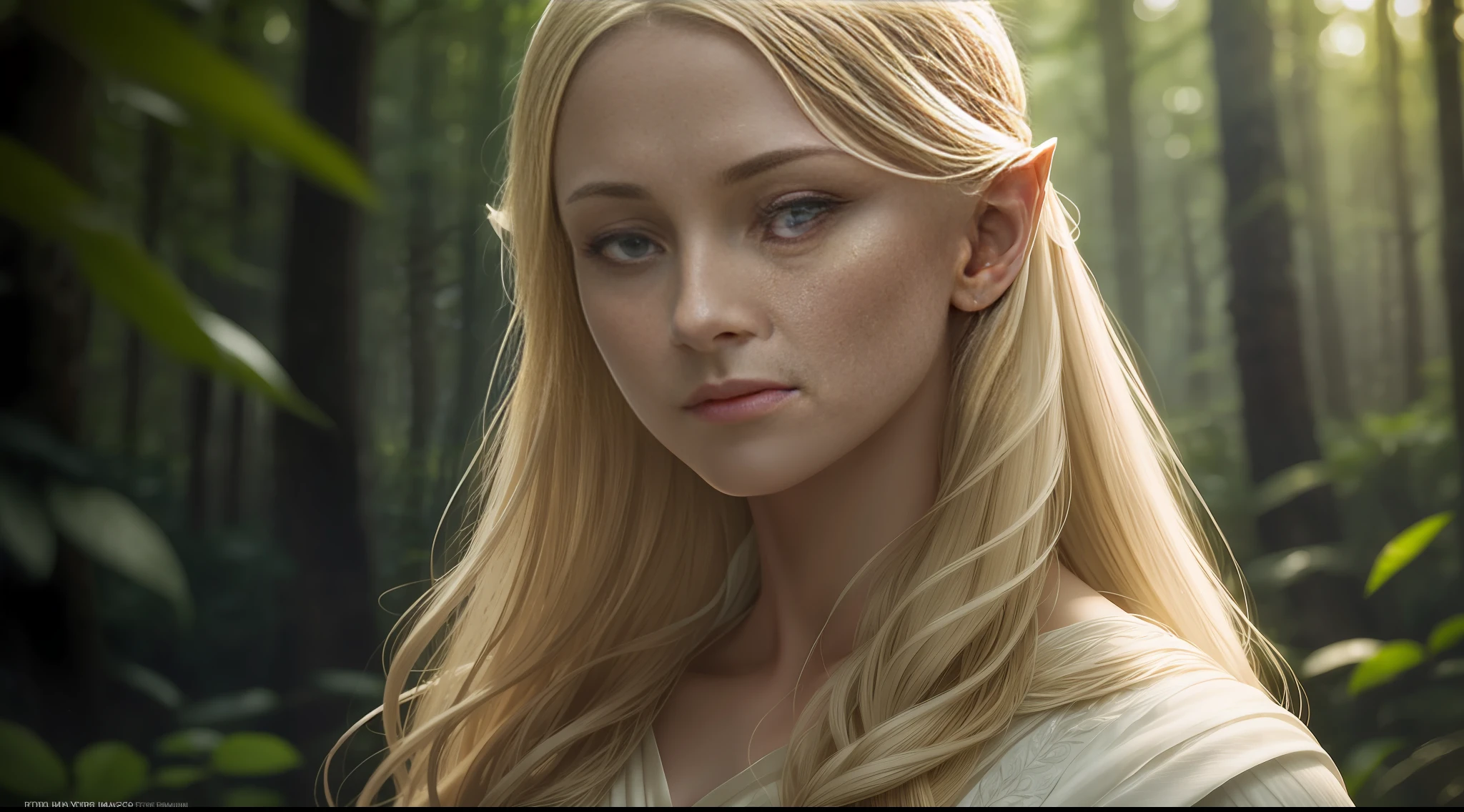 Galadriel from the Amazon Prime Video series, realistic, in a beautiful natural environment + forest:1.2, highlighting the beauty of the face, Nordic blonde hair, clothes imbued with elegance and authority, depth of field restricted to the foreground ) --auto --s2