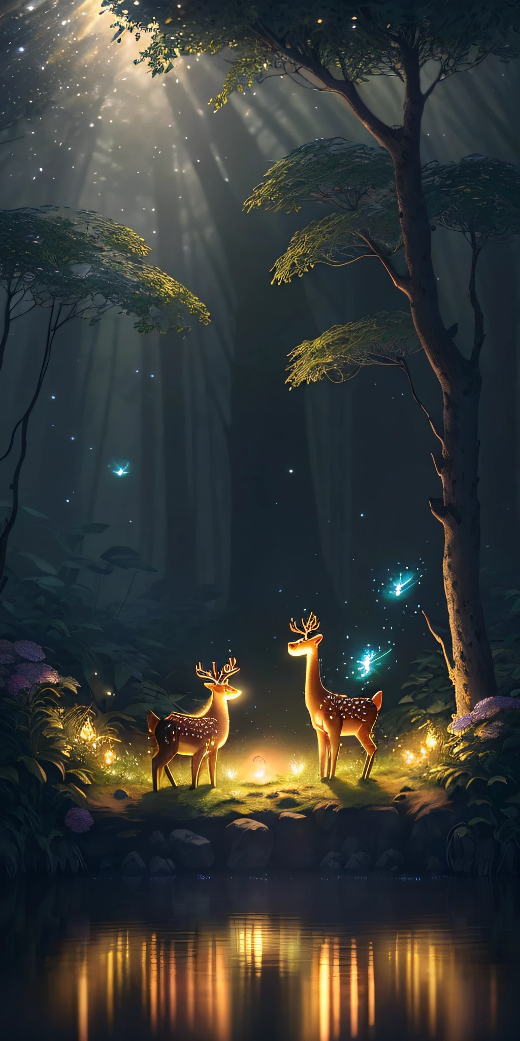Masterpiece, best quality, (very detailed CG unity 8k wallpaper), (best quality), (best illustration), (best shadows), glow sprite, with a glowing deer, in the swimming pool Drinking water, natural elements in the forest theme. Mysterious forest, beautiful forest, nature, surrounded by flowers, delicate leaves and branches surrounded by fireflies (natural elements), (jungle theme), (leaves), (twigs), (fireflies), (particle effects) etc. 3D , Octane rendering, ray tracing, super detailed