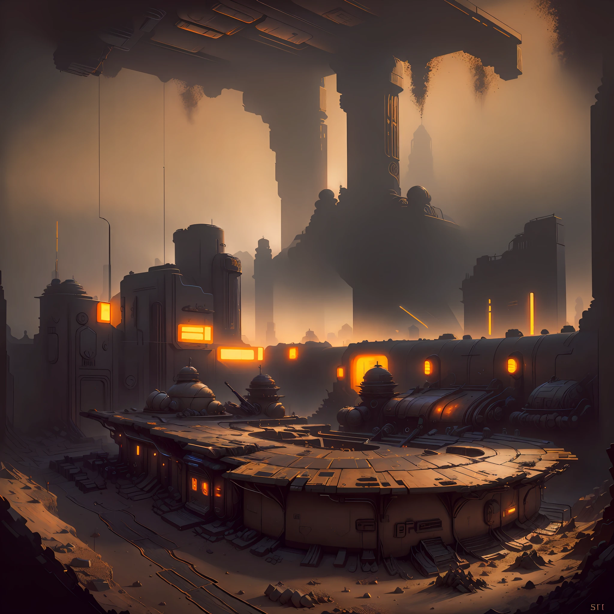 Impasto, Style fantasy futuristic ambient, old bar in the desert, smog, backgraund blur spaceship, in the darkness nigth, (best_quality:1.3), (masterpiece:1.3). (ultra_detailed:1.3) --auto --s2