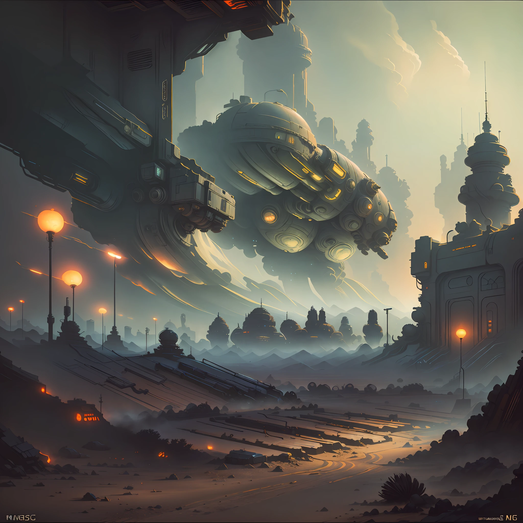Impasto, Style fantasy futuristic ambient, old bar in the desert, smog, backgraund blur spaceship, in the darkness nigth, (best_quality:1.3), (masterpiece:1.3). (ultra_detailed:1.3) --auto --s2