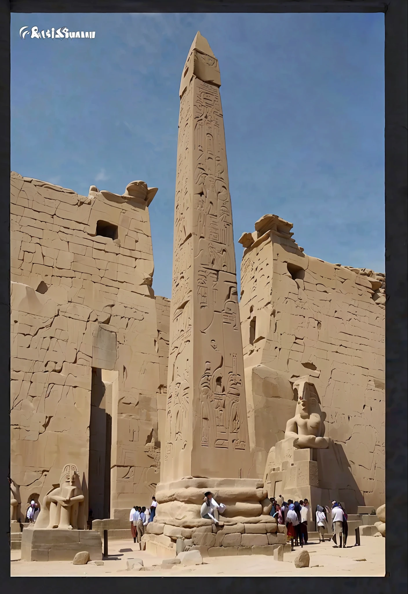 Arafed obelisk and statues in front of a stone wall, luxor, obelisks, luxor, obelisk, ankh, egyptian scenery, tall columns, osiris, egyptian atmosphere, monolithic temple, imposing giant pillars, egyptian, historical setting, tall stone towers, egyptian style, ghost photo of anubis, turns into a more realistic photo
