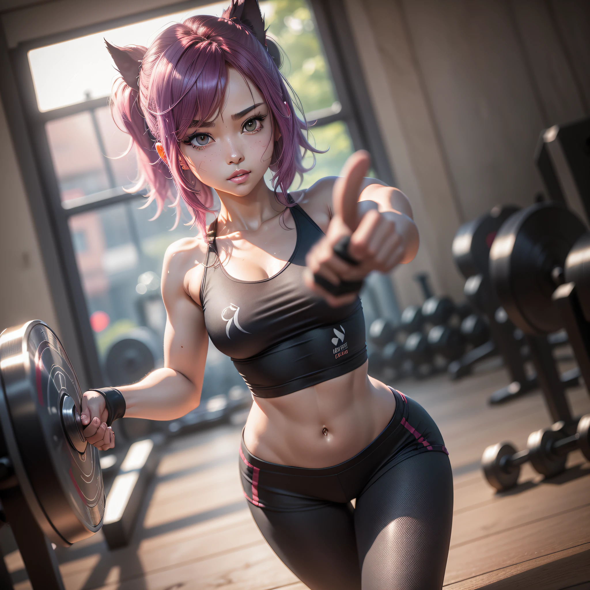 Xayah from League of Legends, good hand,4k, 1girl, )a RAW portrait of a girl exercising in the gym), perspiring, sweating, high-res, masterpiece, best quality, head:1.3,(Korean K-pop idol), extremely cute, finely detailed skin, sharp focus, (cinematic lighting), collarbone, soft lighting, dynamic angle, [:(detailed face:1.2):0.2], thigh gap, slim body, ((medium breasts)), full body, ((gym outfit)), (gym shorts), tank top, gym background, gym equipments, (anime, official_art:1.1), (anime screencap:1.1), (1girl, solo focus:1.2), (fisheye:0.9), ray traced:0.5, depth of field:1.0, bokeh:0.6, god rays:1.0, vivid colors:0.8, cinematic hard lighting:0.7, realistic shadows:1.2,