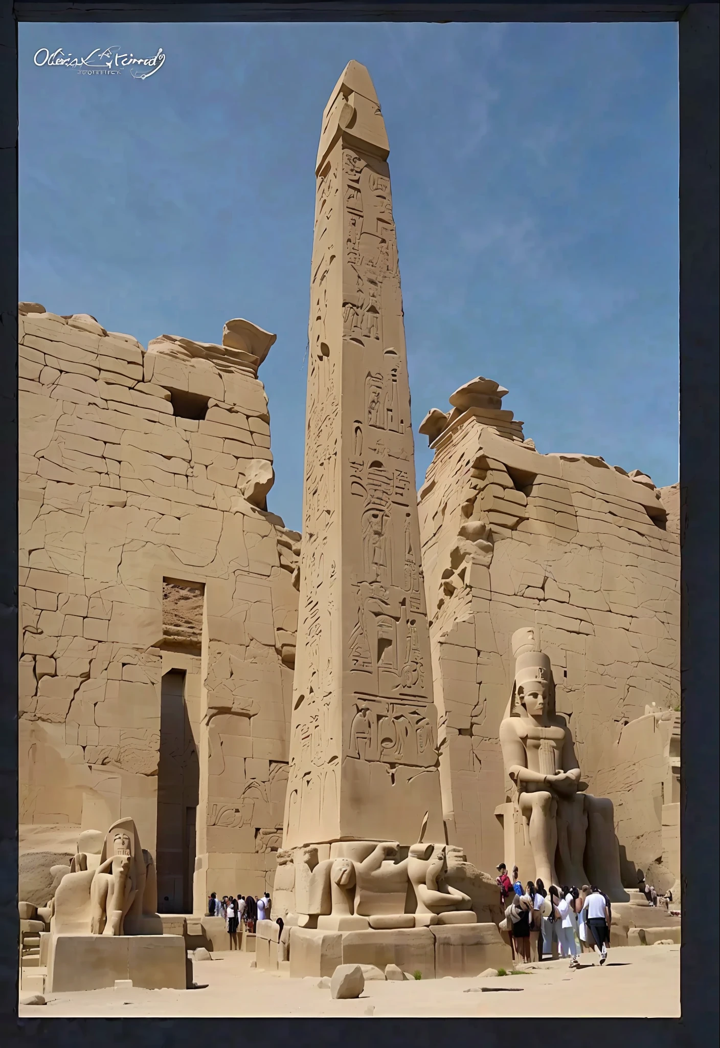 Arafed obelisk and statues in front of a stone wall, luxor, obelisks, luxor, obelisk, ankh, egyptian scenery, tall columns, osiris, egyptian atmosphere, monolithic temple, imposing giant pillars, egyptian, historical setting, tall stone towers, egyptian style, ghost photo of anubis, turns into a more realistic photo