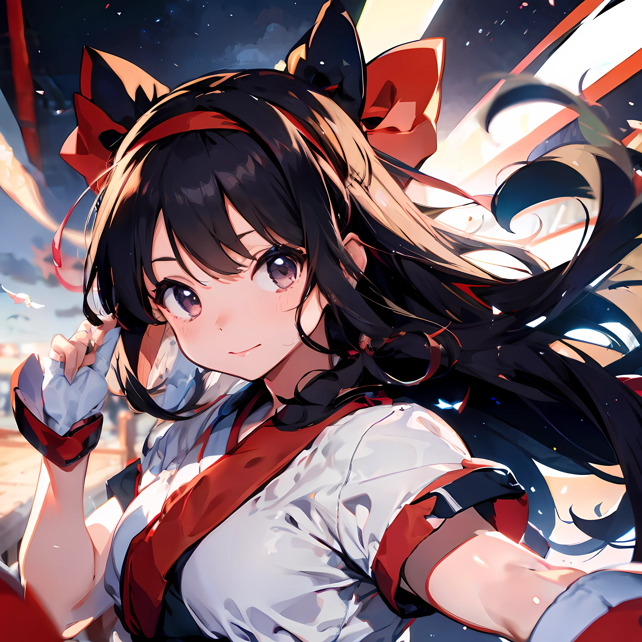 masterpiece, best quality,1girl, solo, nakorurums, red bow, bow, long hair, hair bow, ainu clothes, solo, hairband, black hair, fingerless gloves, short sleeves, gloves, sash, bangs, red hairband, breasts, brown eyes, white pants, japanese clothes, masterpiece, light smile, (illustration: 1.5), running toward viewer