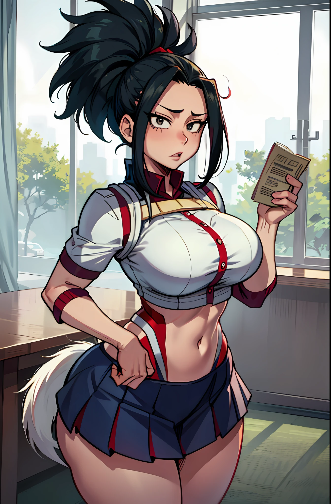 Horikoshi Kouhei, Boku no Hero Academia, Highres, Solo, Yaoyorozu Momo, lustful face, school uniform, big breasts, wide hips, tail