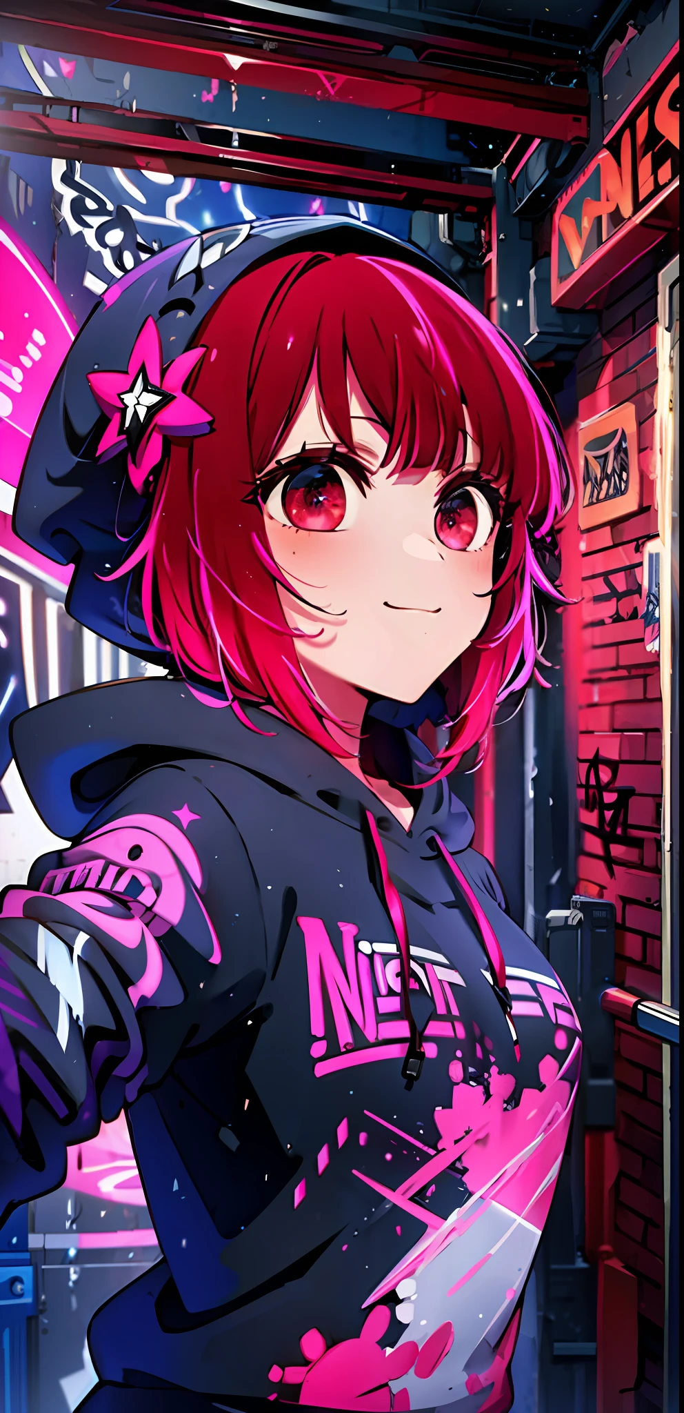 (masterpiece:1.2), best quality, absurdres,  detailed background, masterpiece, best quality, smile, ornament, hoodie, neon red, graffiti, dark, night, glowing eyes, selfie, medium breast