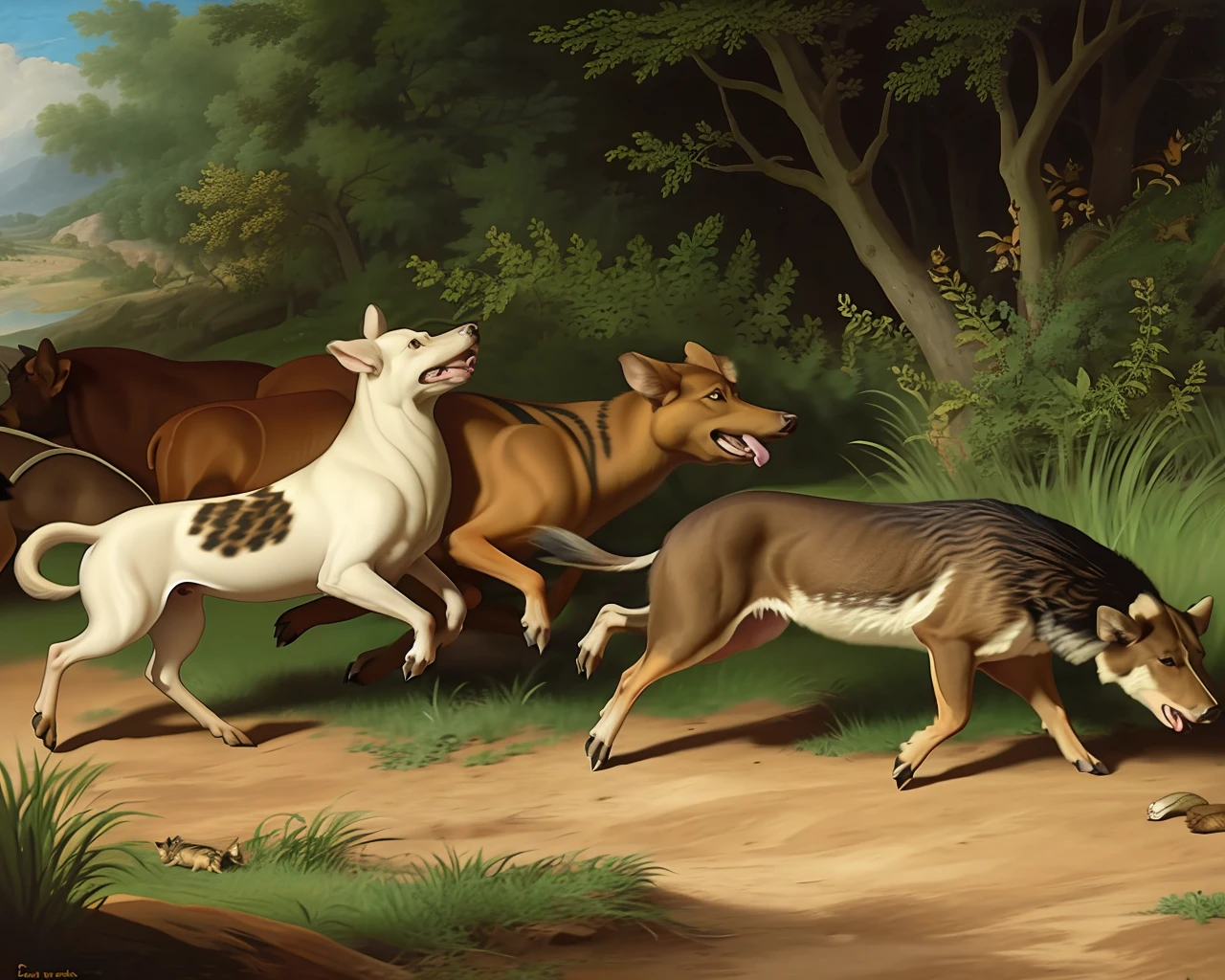 Prey dogs biting the wild boar in motion, 18th century painting
