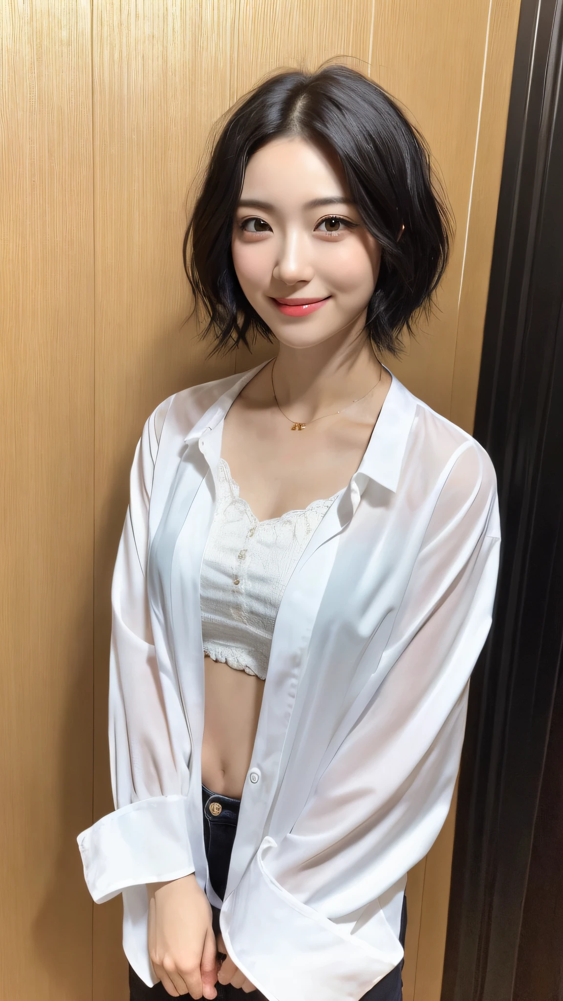 (Masterpiece:1.3), (8K, Photorealistic, RAW Photography, Best Quality: 1.4), Japan People, (1 Girl), Beautiful Face, (Realistic Face), (Black Hair, Short Hair:1.3), Beautiful Hairstyle, Realistic Eyes, Beautiful Details, (Realistic Skin), Beautiful Skin, Attractive, Ultra High Definition, Ultra Realistic, High Detail, Golden Ratio, (Fatal Face:1.2), Look at the Beholder,Smile, Open white shirt, middle chest, full body, standing, hands on hips