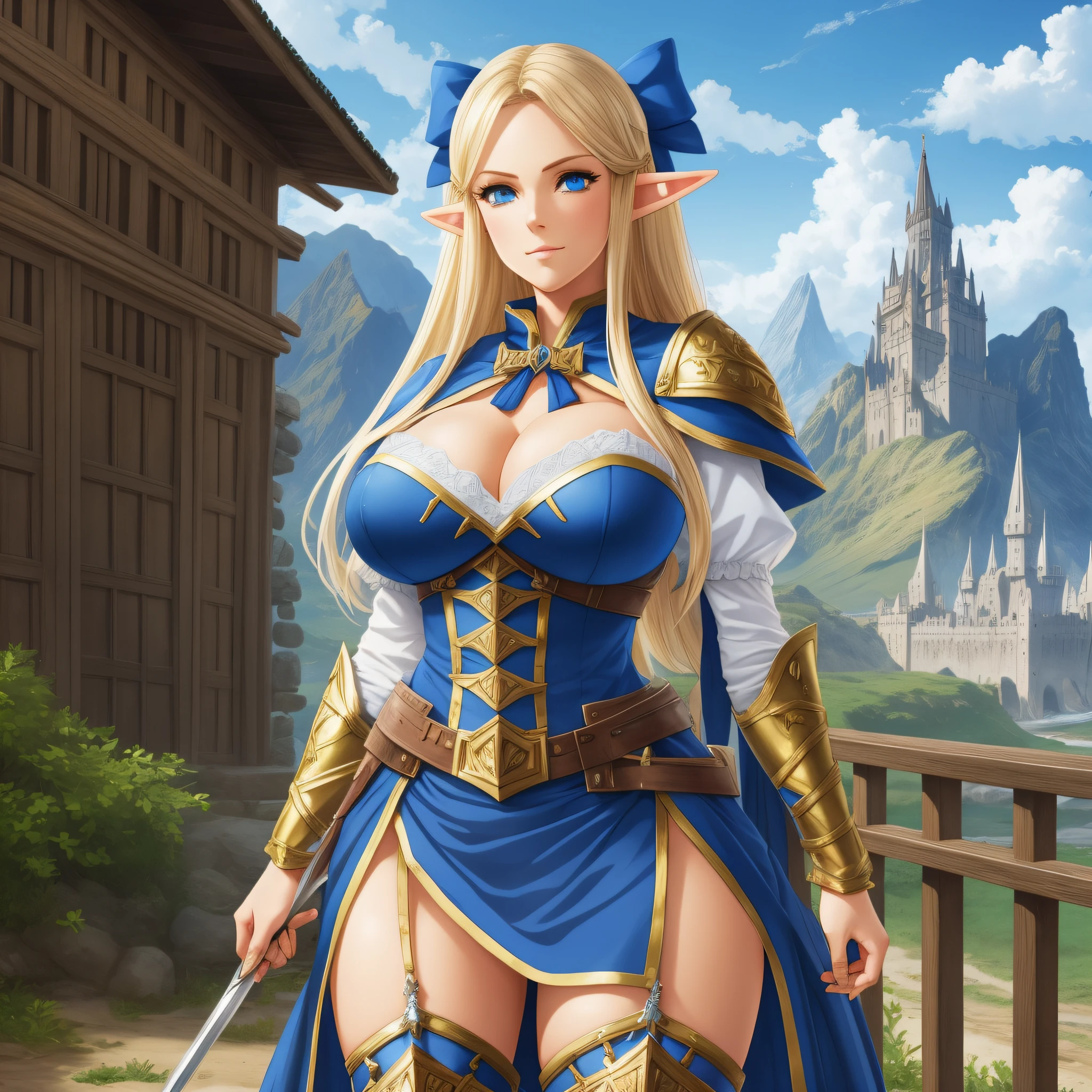 woman elf, bow, blonde, blue eyes, sexy, big breasts, medieval fantasy setting, detailed, anime style, hyperrealistic, high resolution, magic, castle, mountains, rpg, mudflats --auto --s2