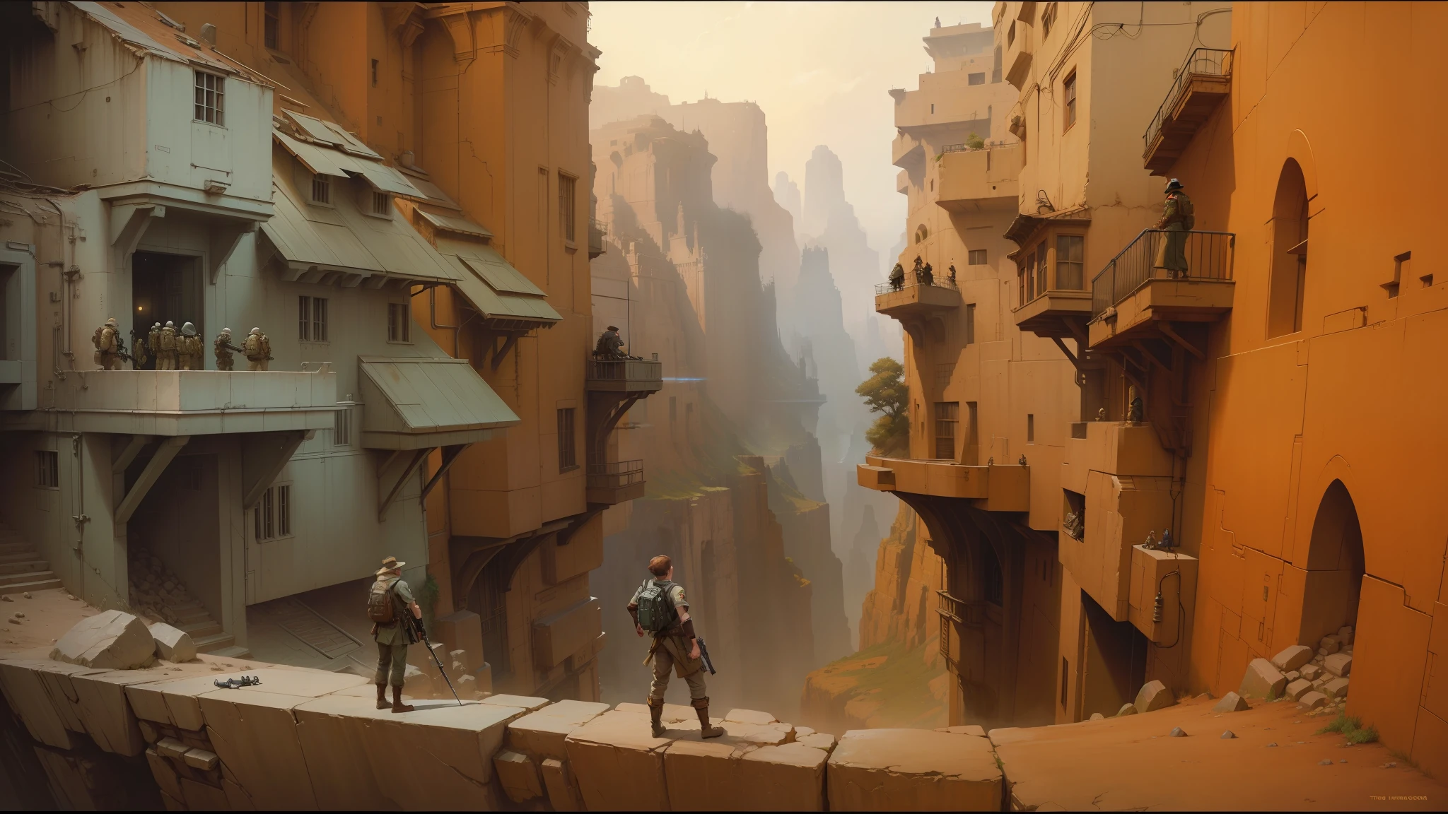there are two soldiers standing on a cliff in a city, ralph mcquarrie concept art, by Ralph McQuarrie, ralph mcquarrie. centered image, style of john harris, peter gric and dan mumford, star wars concept art, style of doug chiang, style of ron cobb, intricate matte painting, thomas kinkade and craig mullins --auto --s2