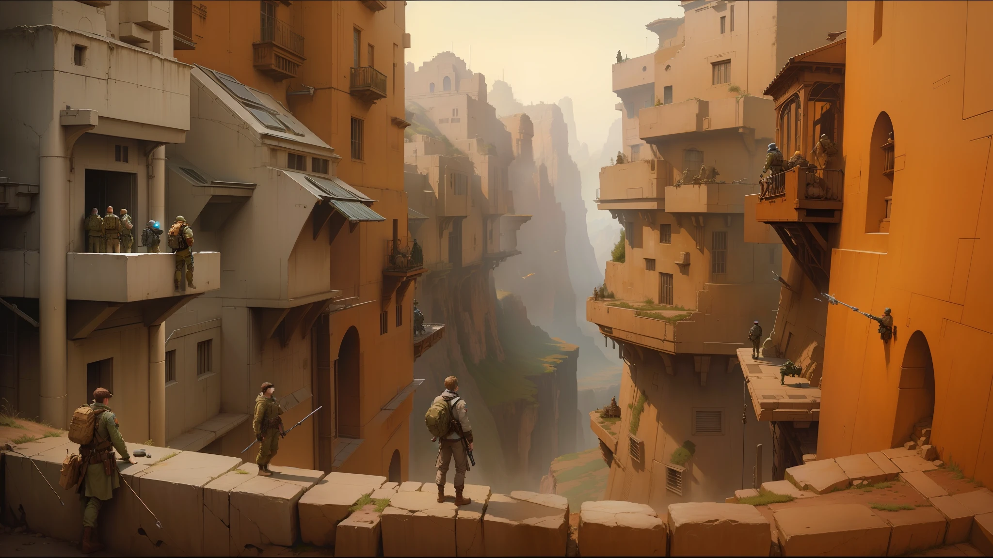 there are two soldiers standing on a cliff in a city, ralph mcquarrie concept art, by Ralph McQuarrie, ralph mcquarrie. centered image, style of john harris, peter gric and dan mumford, star wars concept art, style of doug chiang, style of ron cobb, intricate matte painting, thomas kinkade and craig mullins --auto --s2