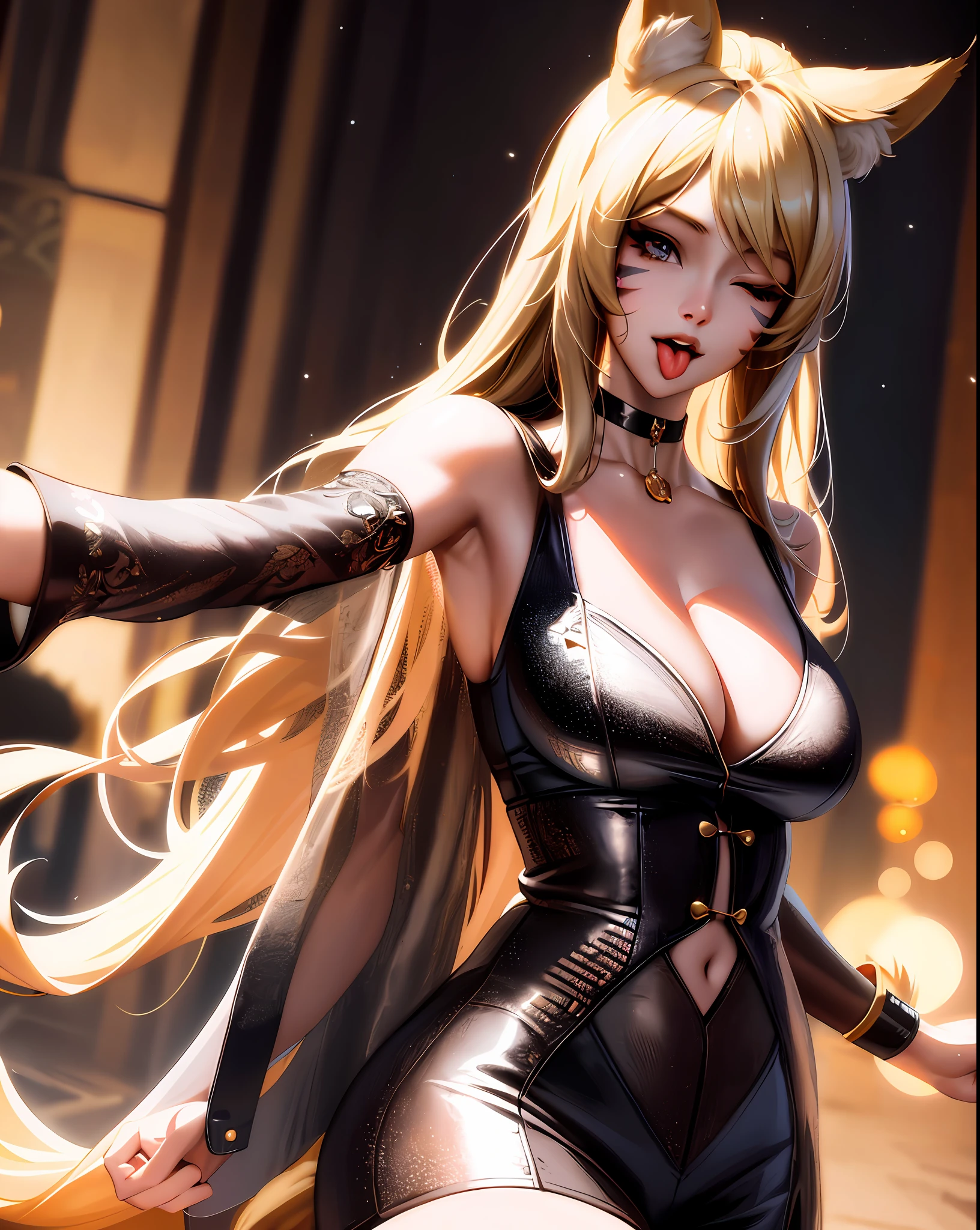 digital art, 1girl, animal ears, breasts, blonde hair, fox ears, ahri (league of legends), one eye closed, whisker markings, cleavage, tongue, solo, choker, long hair, tongue out, teeth, realistic, looking at viewer, black choker, facial mark, large breasts, smile, upper body, k/da (league of legends), bangs, selfie, animal ear fluff, open mouth, lips, nose, intricate, highly detailed, professional, hard light, trending of artstation, realistic, beautiful, HD, 8K, master price, best quality