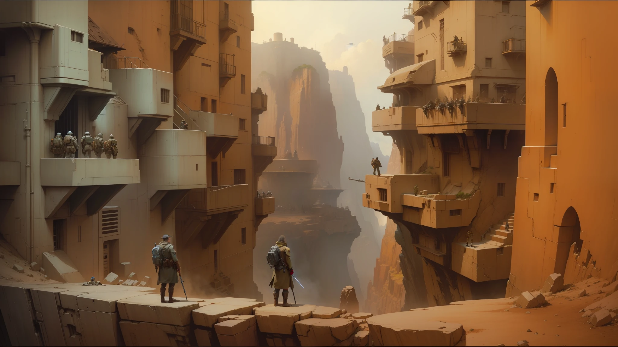 there are two soldiers standing on a cliff in a city, ralph mcquarrie concept art, by Ralph McQuarrie, ralph mcquarrie. centered image, style of john harris, peter gric and dan mumford, star wars concept art, style of doug chiang, style of ron cobb, intricate matte painting, thomas kinkade and craig mullins --auto --s2