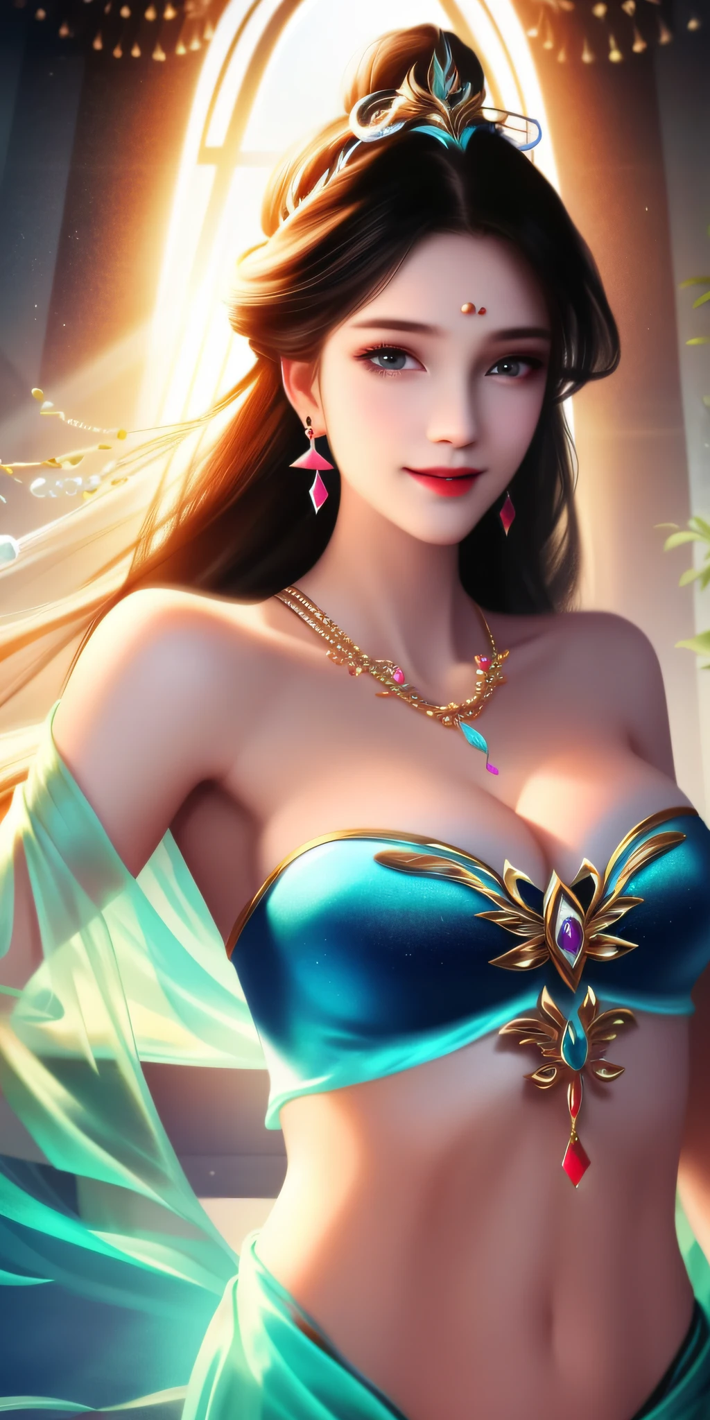 Best quality, masterpiece, high resolution, 1girl, transparent silk porcelain dress, beautiful face, hair accessories, look at the audience, smile, close mouth, lips, dress, hair accessories, necklace, jewelry, long hair, earrings, beautiful face, on the body, Tyndall effect, realism, dark studio, edge lighting, two-tone lighting, (high detail skin: 1.2), 8k uhd, DSLR, soft light, high quality, volumetric lighting, candid shot, photo, high resolution, 4k, 8kReality